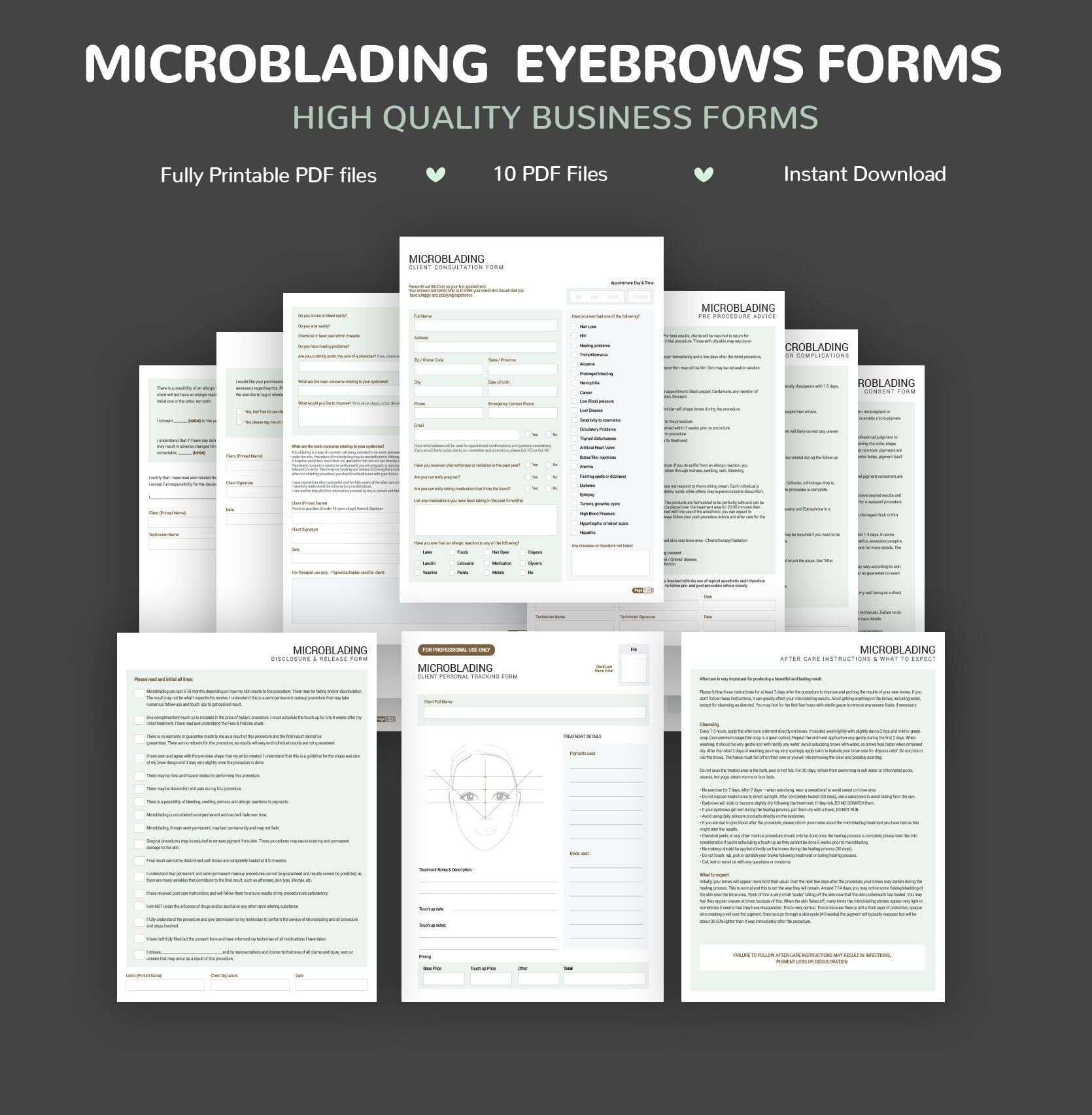 Microblading consent forms bundle sage green design - fillable PDF for PMU artists