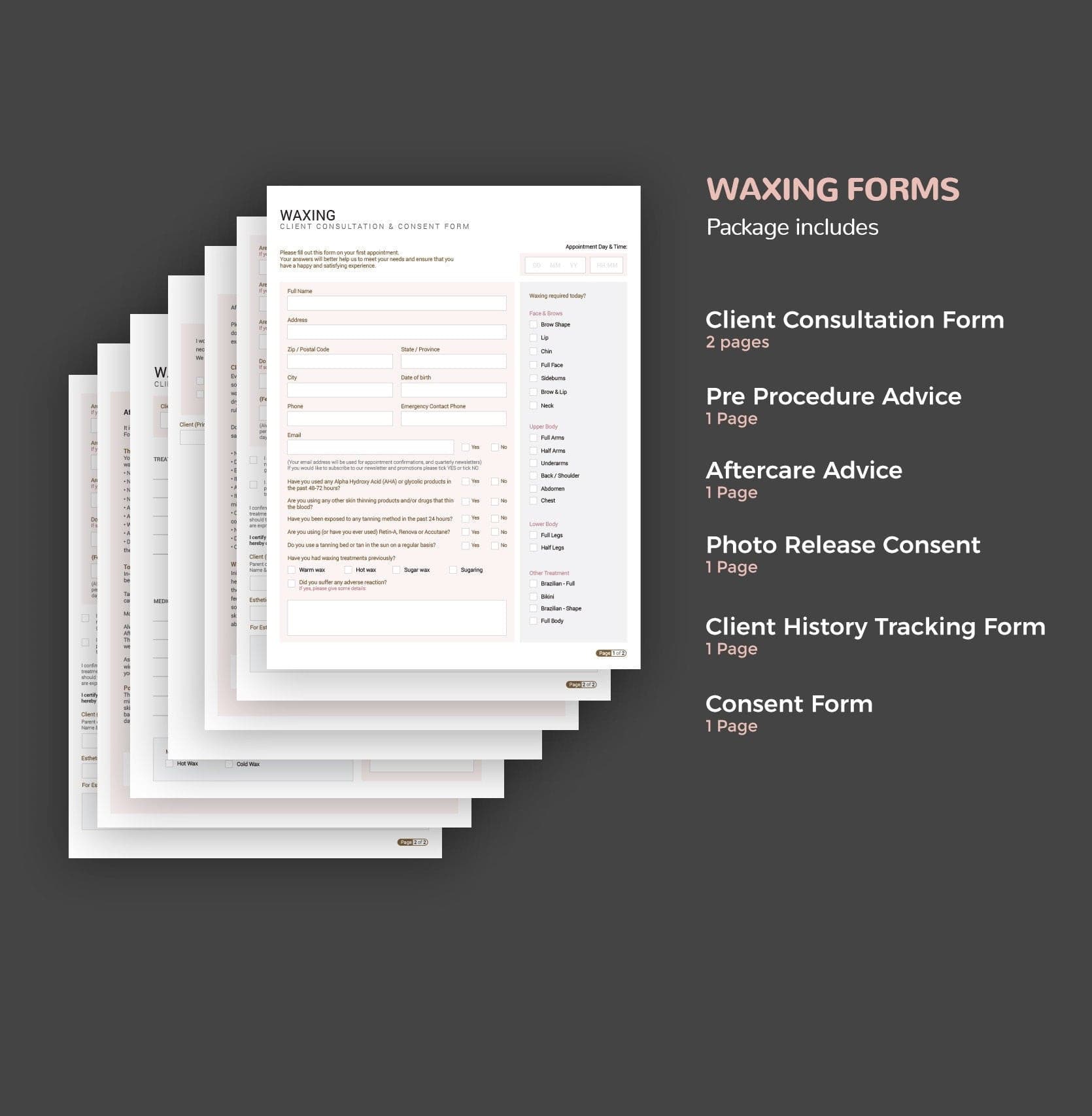 Waxing consultation and consent forms bundle - professional fillable PDF for beauty therapists
