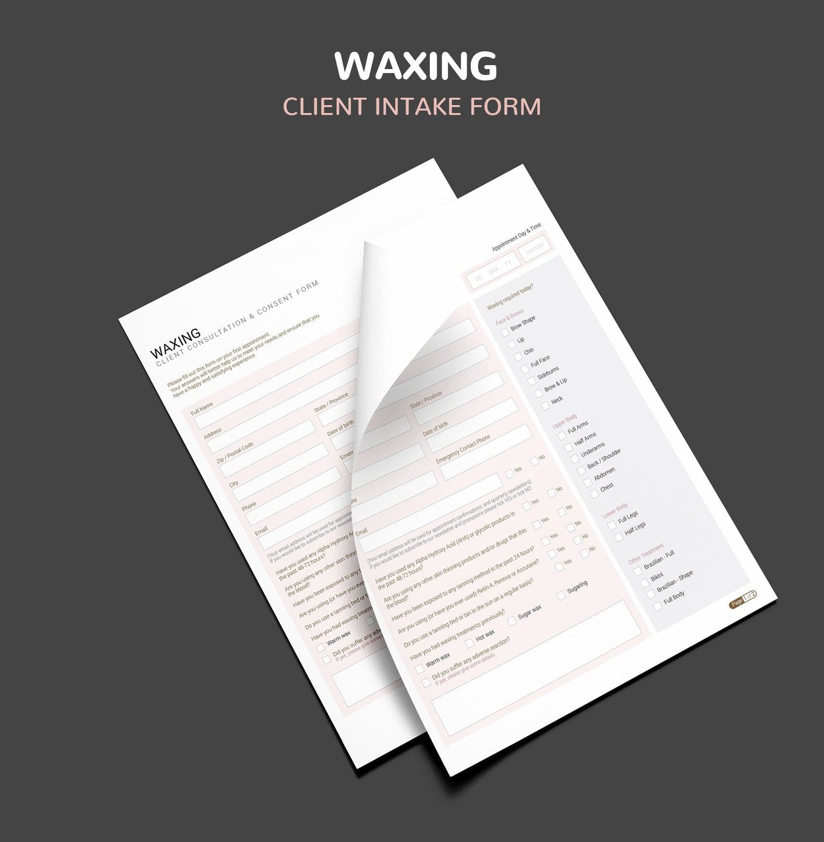 Waxing consultation and consent forms bundle - professional fillable PDF for beauty therapists
