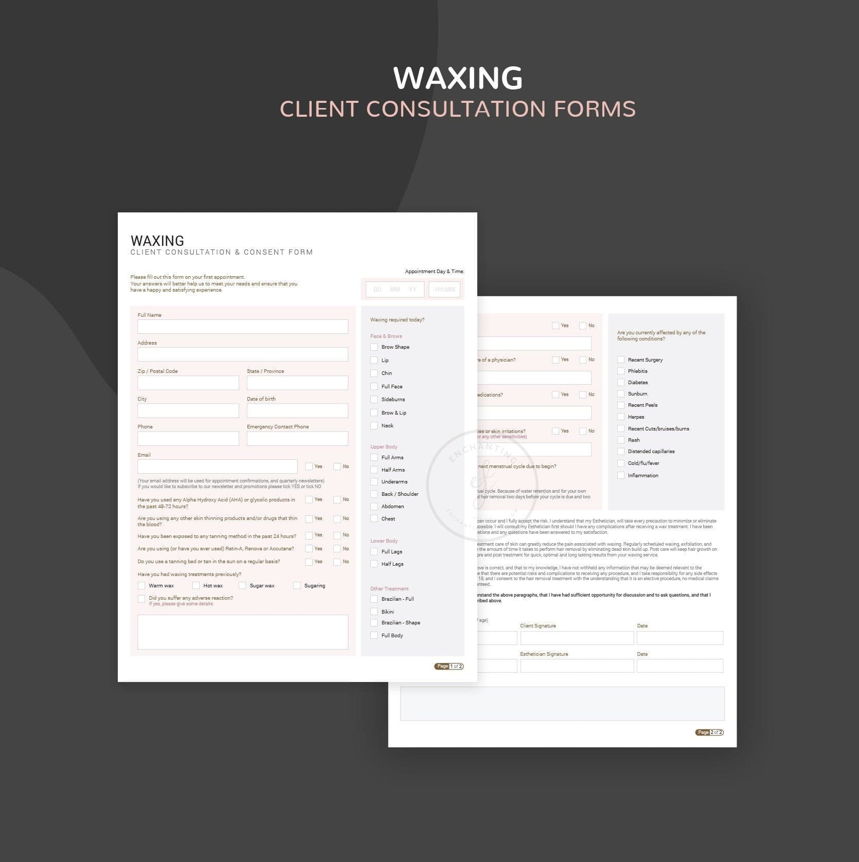 Waxing consultation and consent forms bundle - professional fillable PDF for beauty therapists