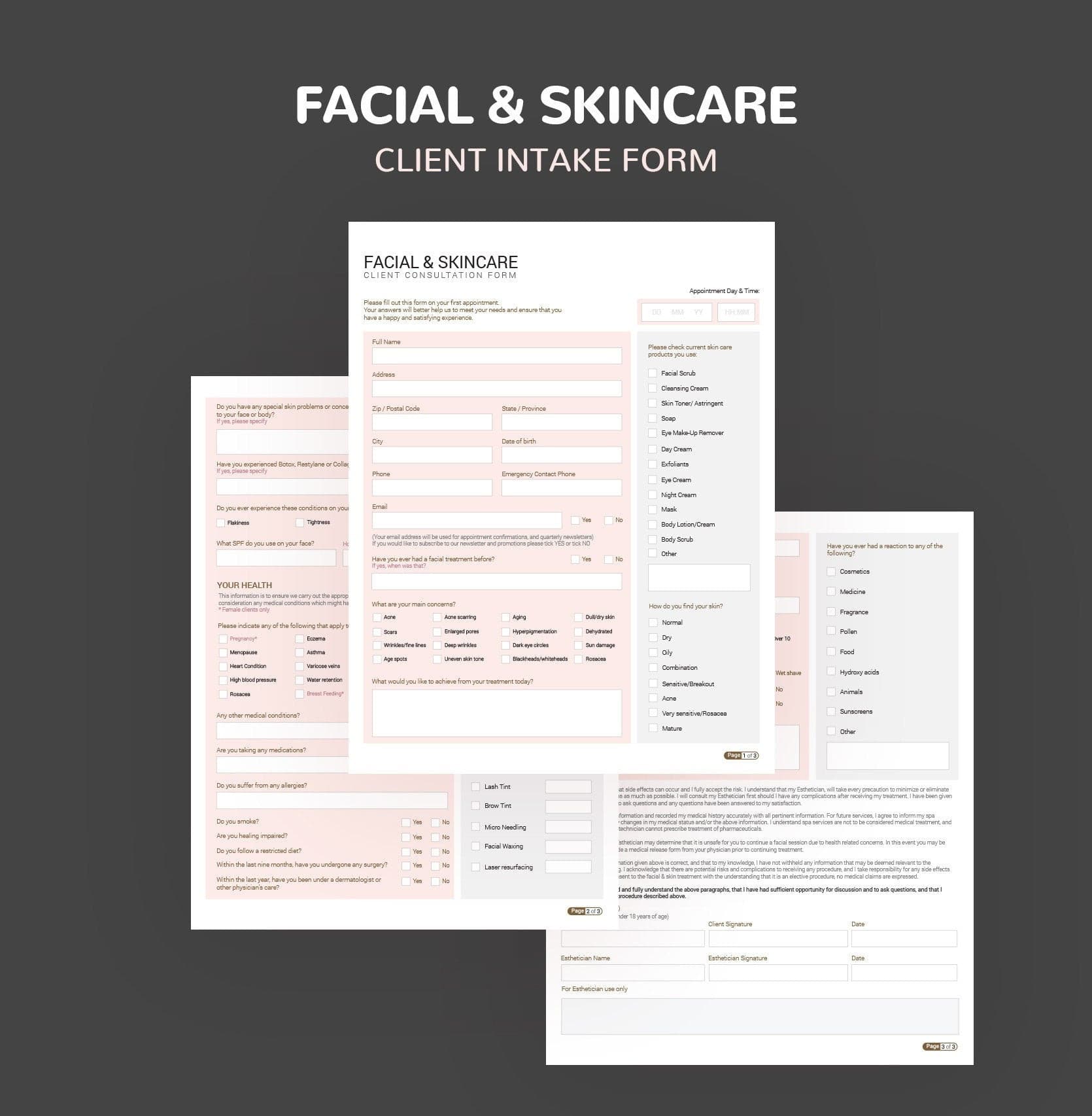 Skincare consultation forms bundle rose gold design - fillable PDF for aestheticians