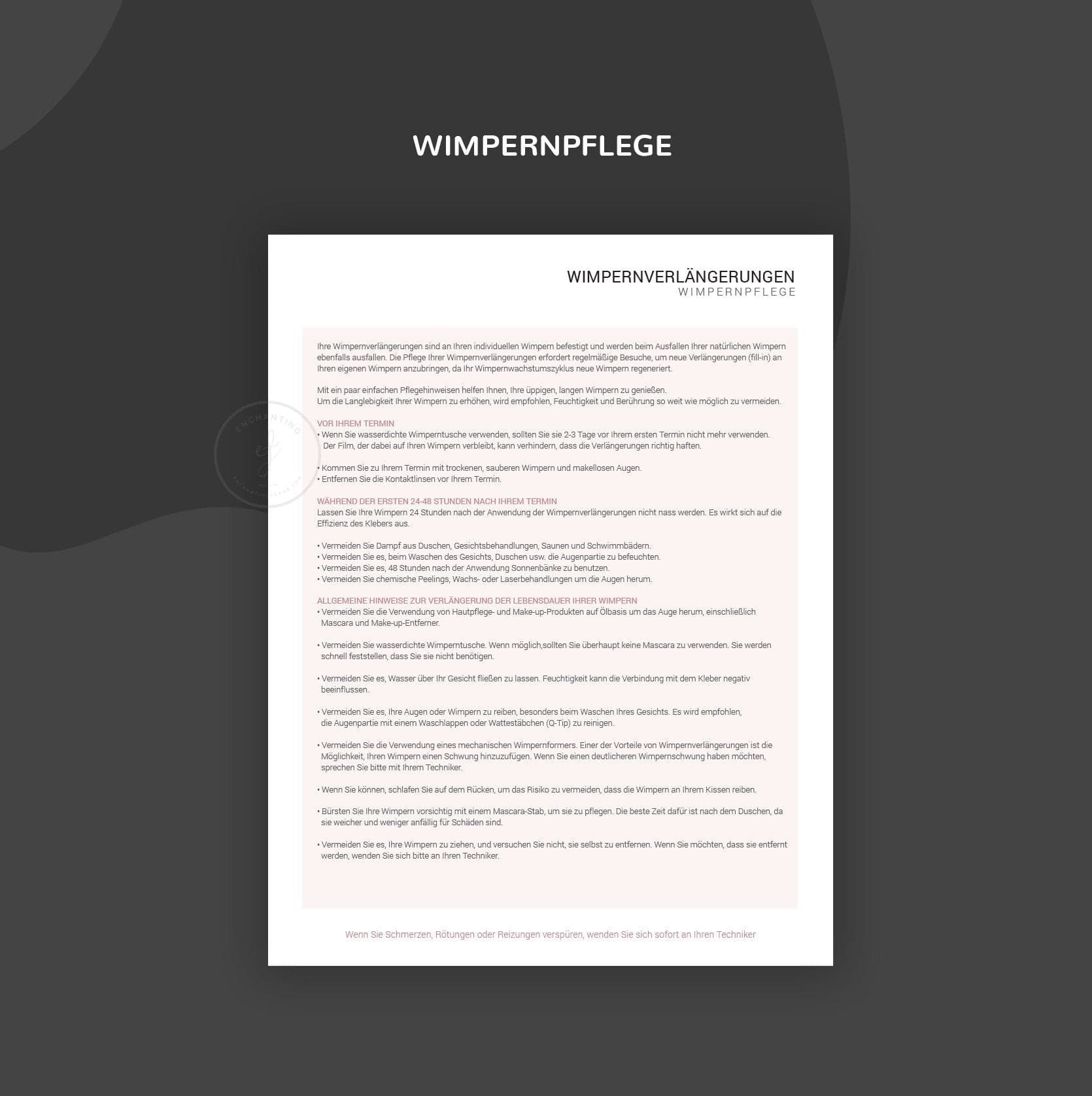German lash extension consultation consent forms - Wimpernverlängerung Formulare PDF