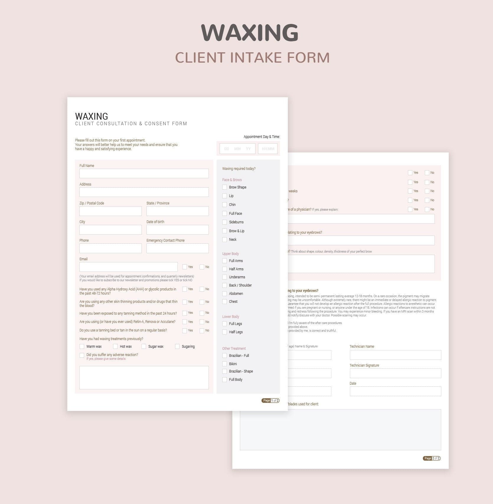 Waxing consultation and consent forms bundle - professional fillable PDF for beauty therapists