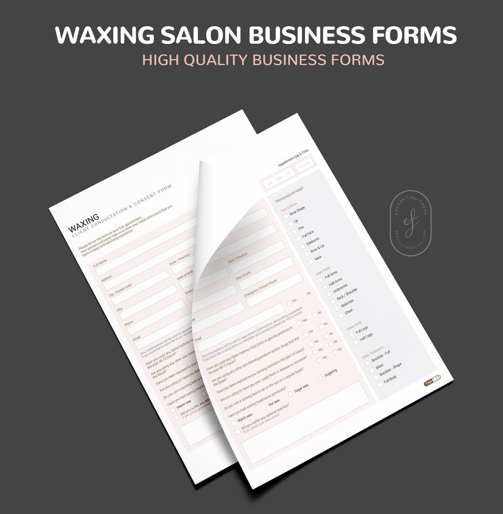 Waxing consultation and consent forms bundle - professional fillable PDF for beauty therapists
