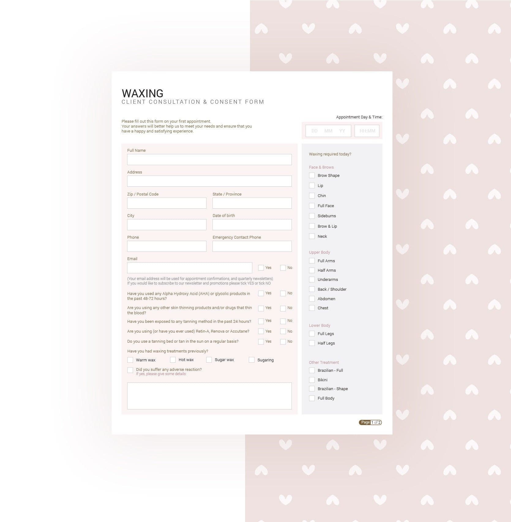 Waxing consultation and consent forms bundle - professional fillable PDF for beauty therapists