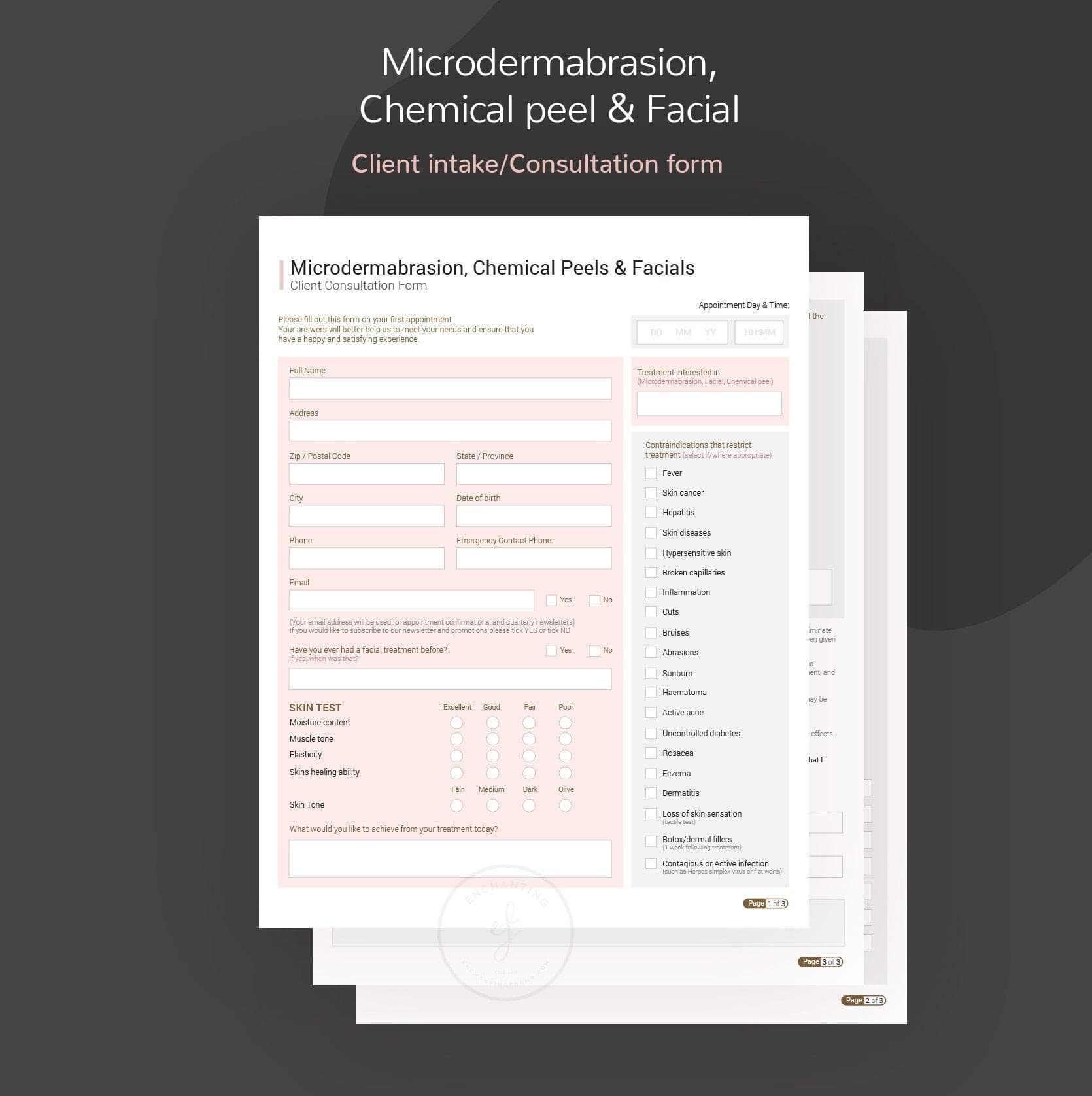 Microdermabrasion chemical peel and facial skincare forms bundle - fillable PDF for aestheticians