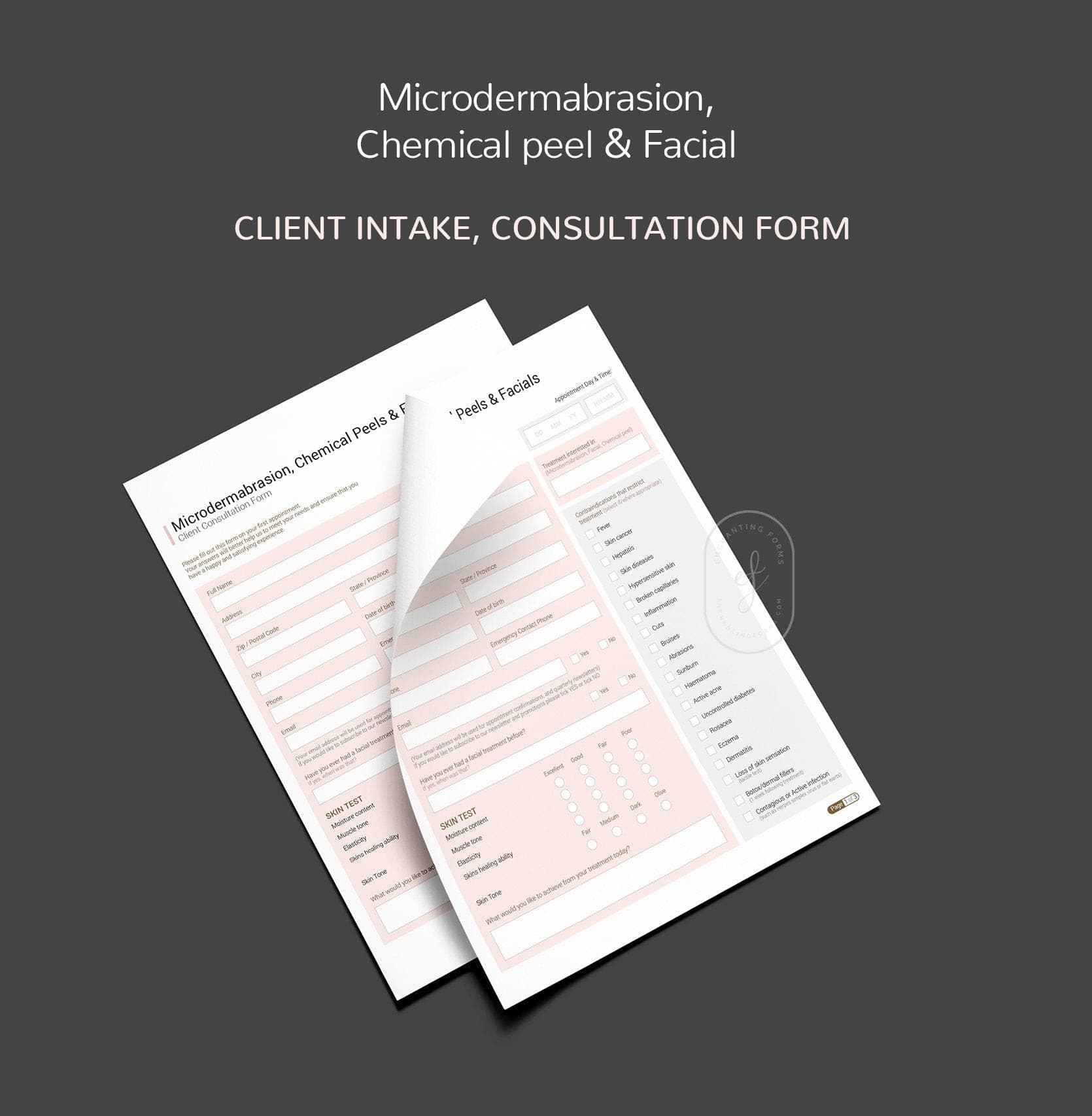 Microdermabrasion chemical peel and facial skincare forms bundle - fillable PDF for aestheticians