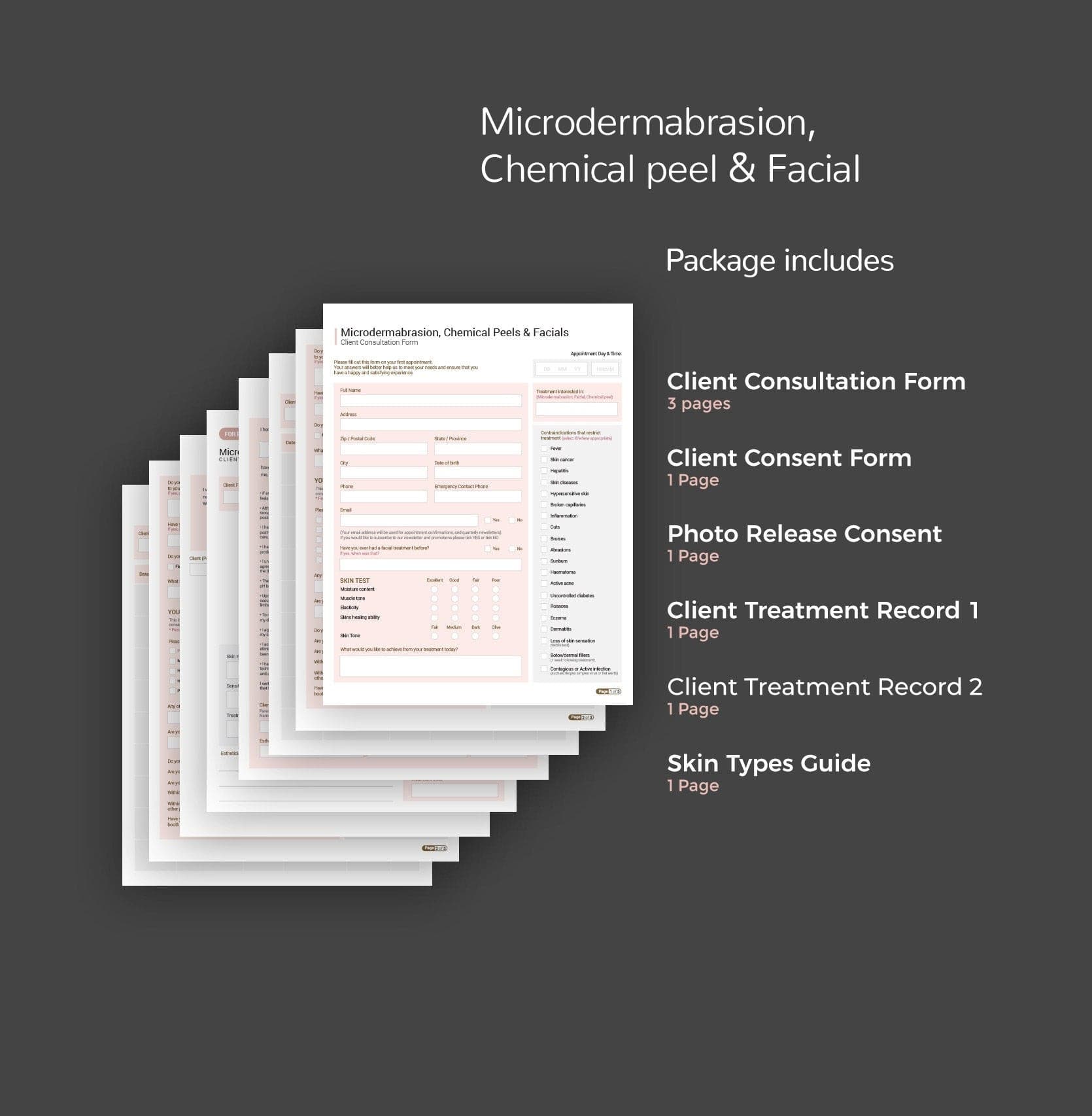 Microdermabrasion chemical peel and facial skincare forms bundle - fillable PDF for aestheticians