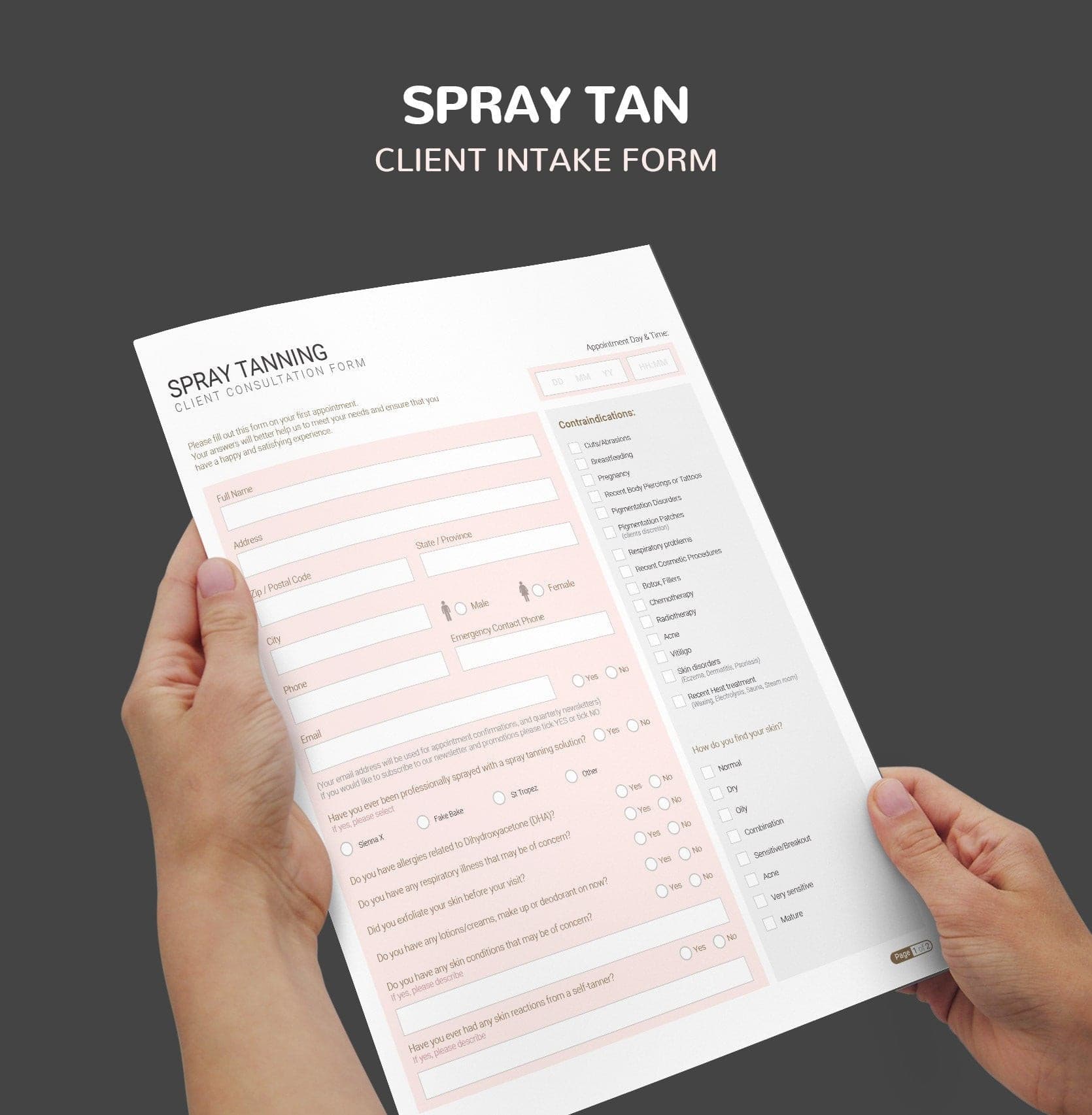 Spray tan consultation and consent forms bundle - professional fillable PDF for tanning technicians
