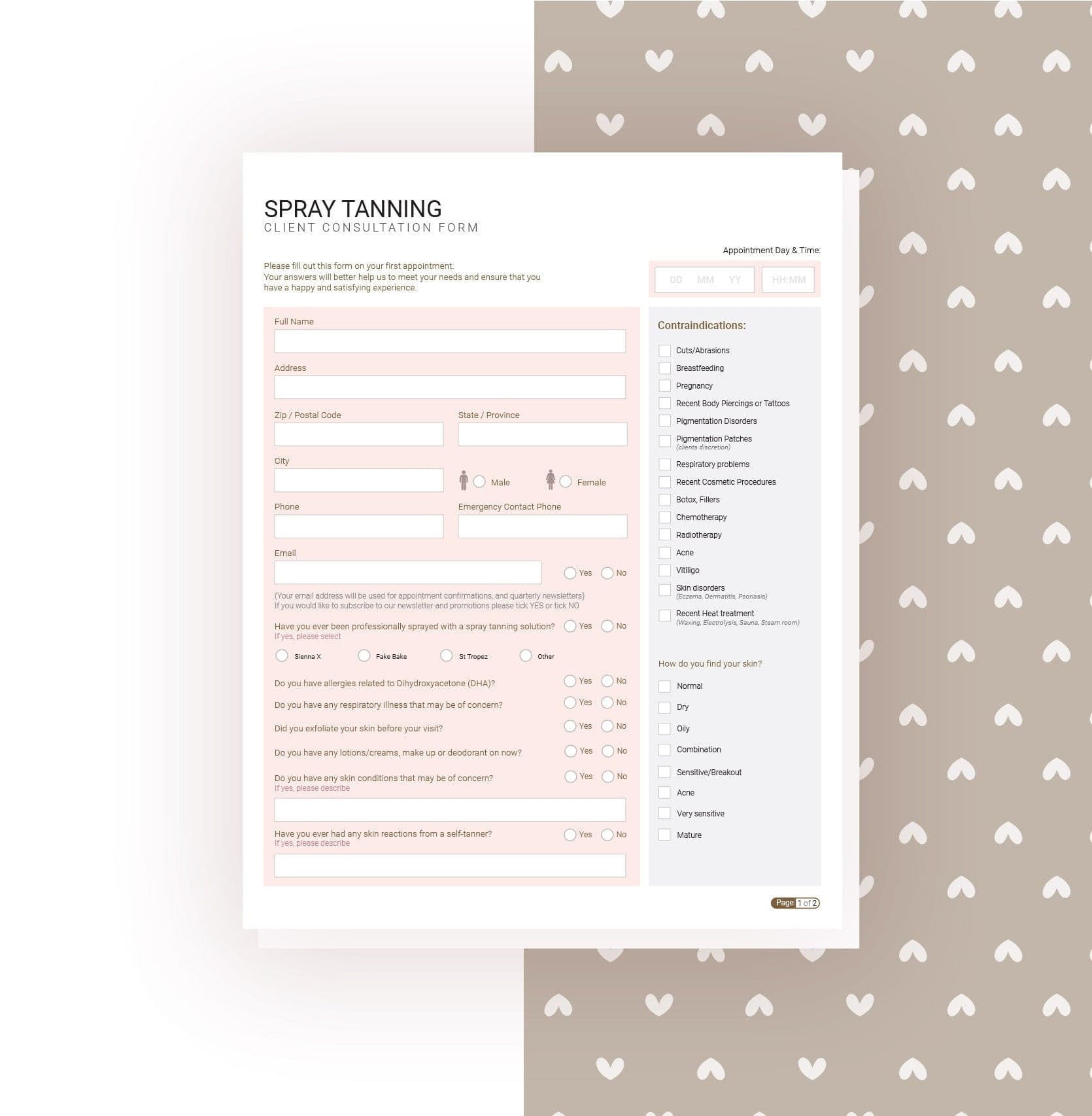 Spray tan consultation and consent forms bundle - professional fillable PDF for tanning technicians
