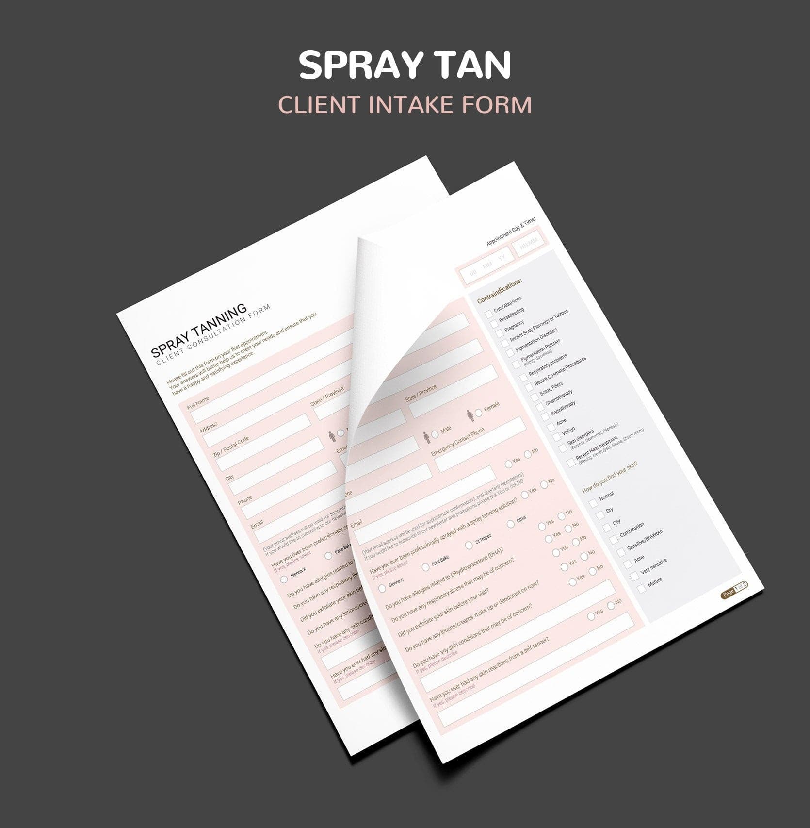 Spray tan consultation and consent forms bundle - professional fillable PDF for tanning technicians