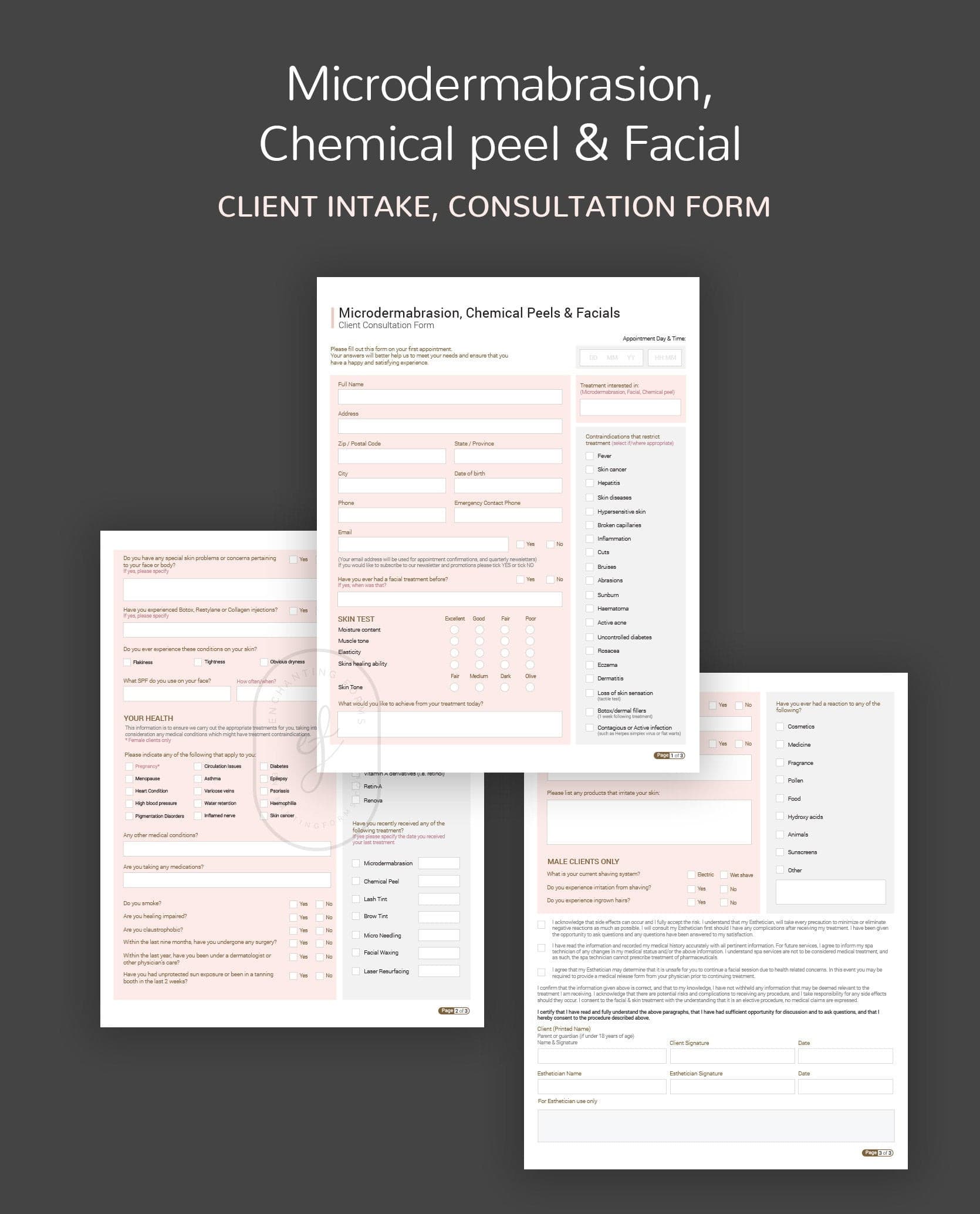 Microdermabrasion chemical peel and facial skincare forms bundle - fillable PDF for aestheticians