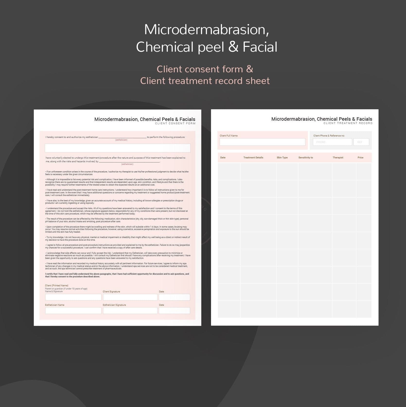 Microdermabrasion chemical peel and facial skincare forms bundle - fillable PDF for aestheticians