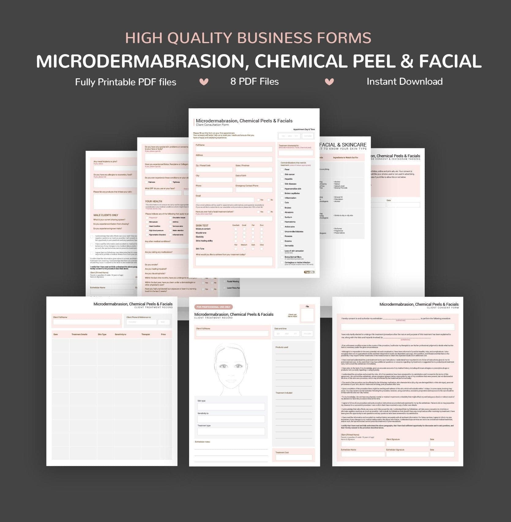 Microdermabrasion chemical peel and facial skincare forms bundle - fillable PDF for aestheticians