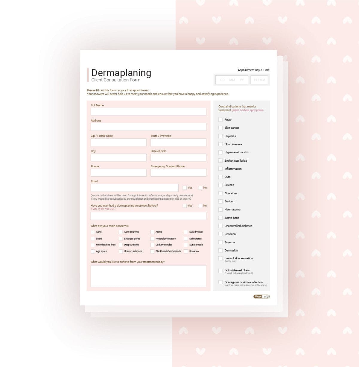 Dermaplaning consultation and consent forms bundle rose gold design - fillable PDF for aestheticians