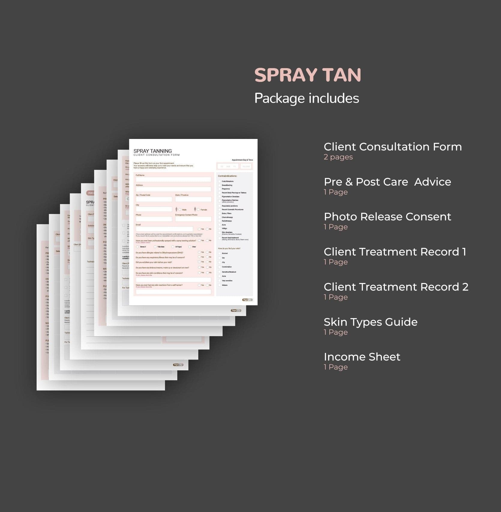 Spray tan consultation and consent forms bundle - professional fillable PDF for tanning technicians