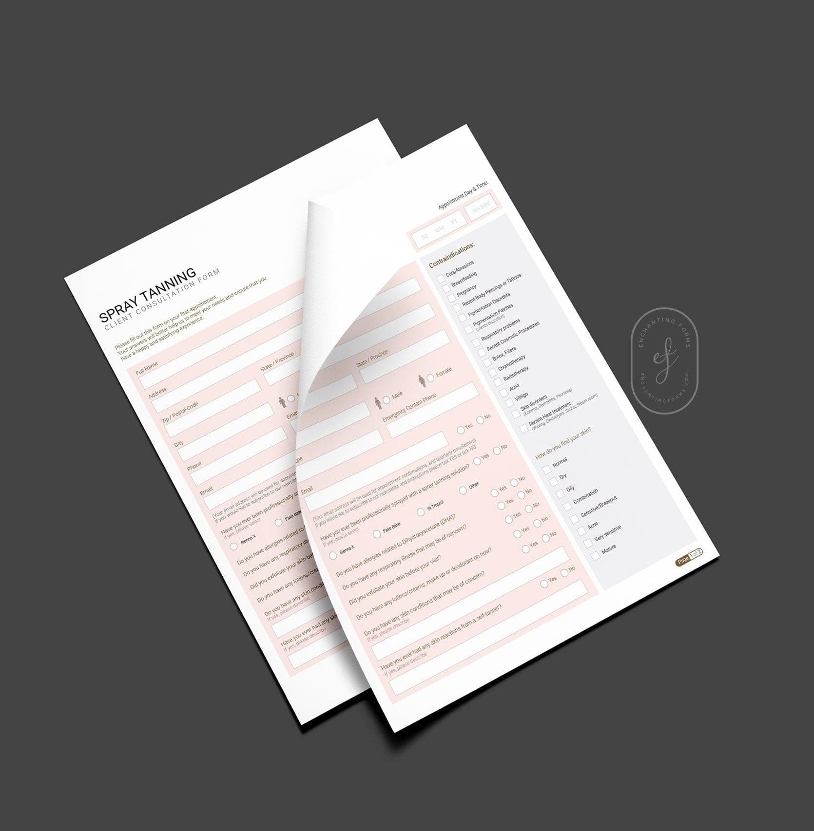Spray tan consultation and consent forms bundle - professional fillable PDF for tanning technicians