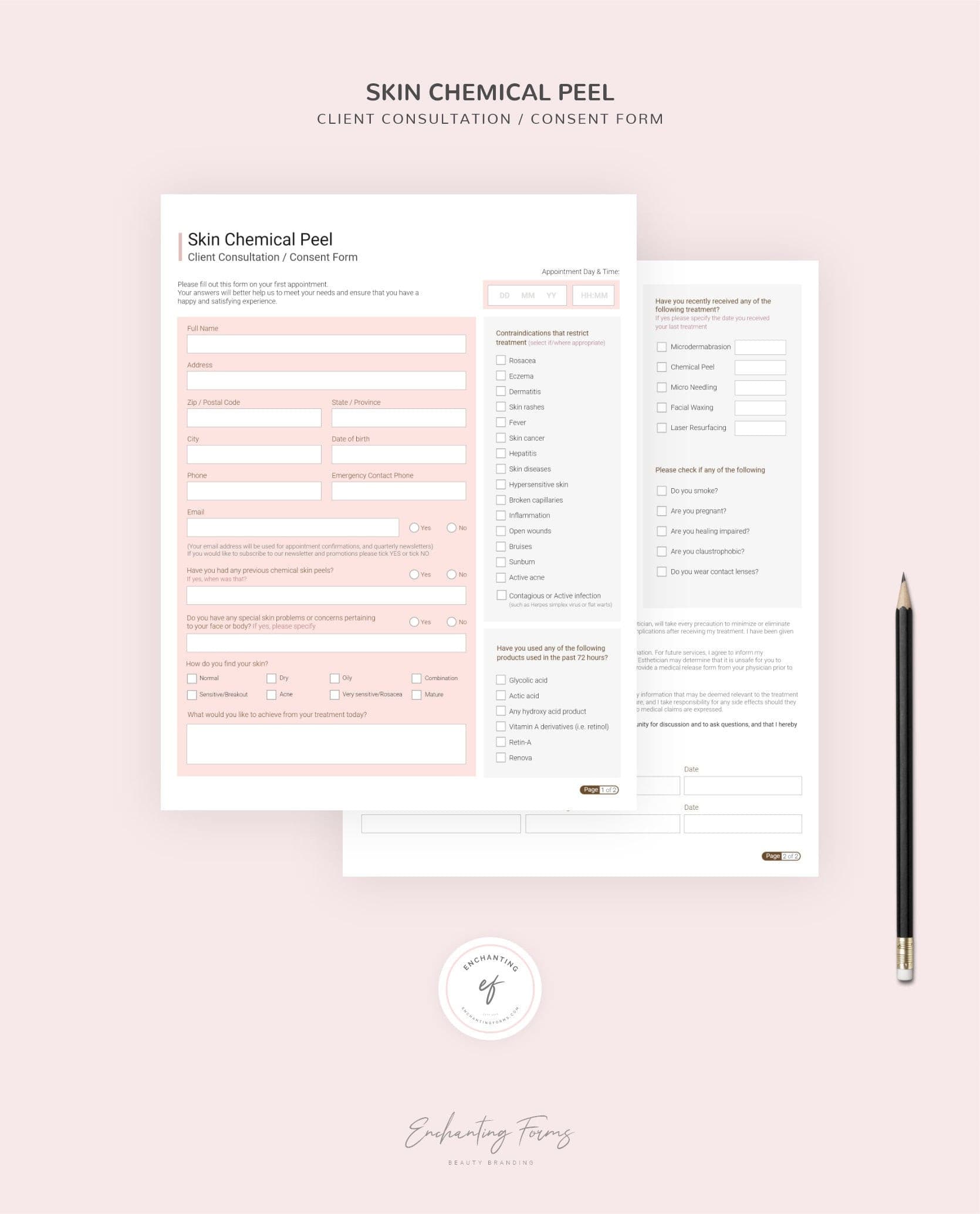 Chemical peel consultation and consent forms bundle - professional fillable PDF for aestheticians
