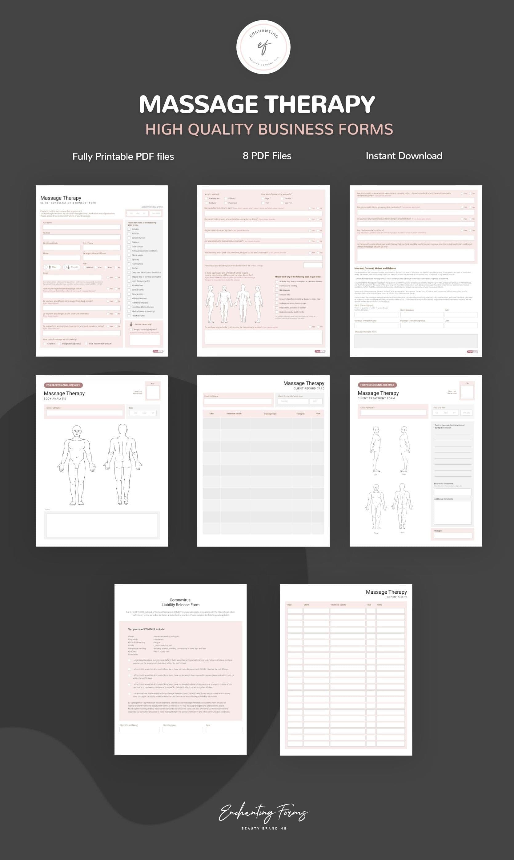 Massage therapy consultation and consent forms bundle - professional fillable PDF for massage therapists