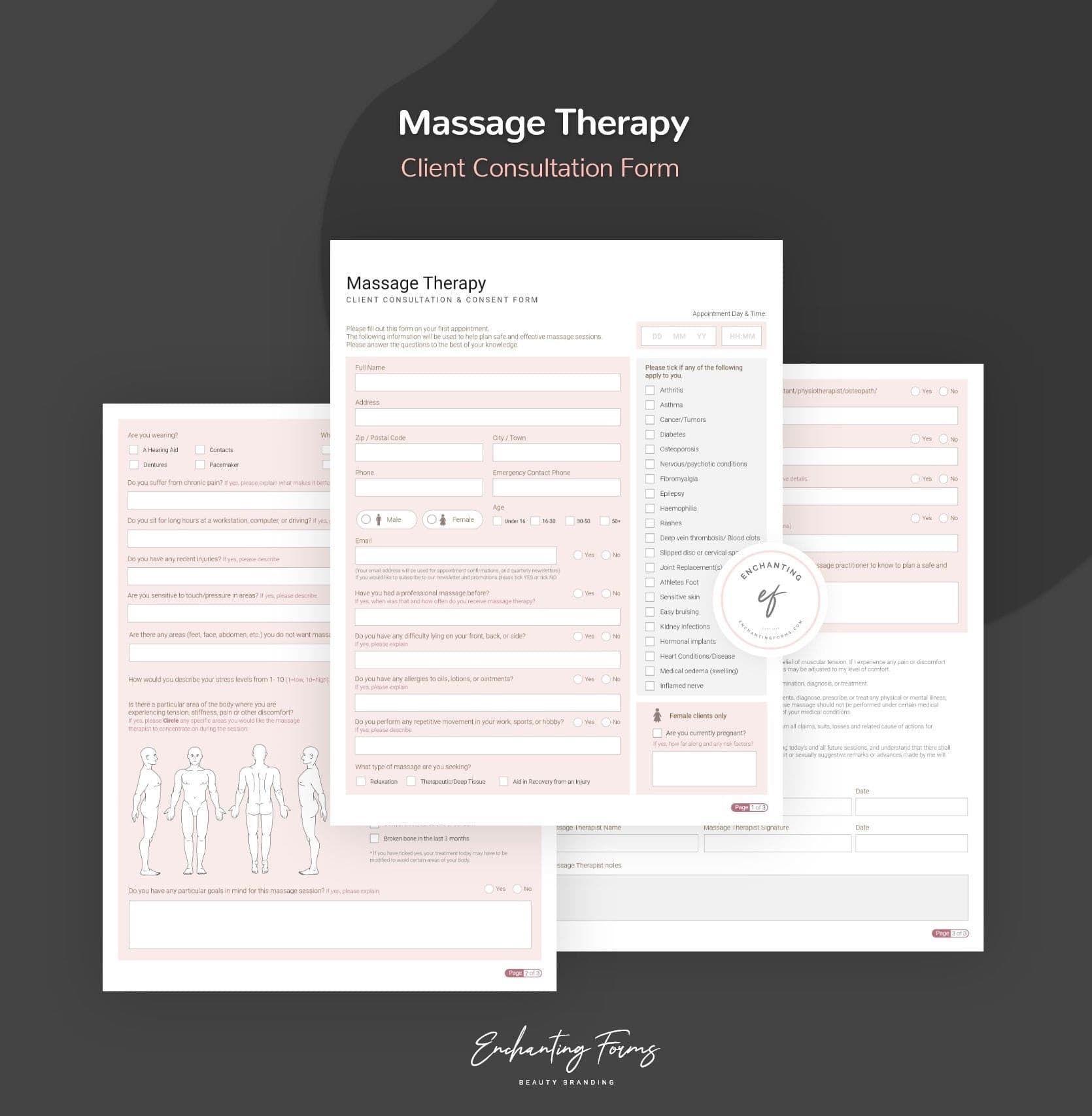 Massage therapy consultation and consent forms bundle - professional fillable PDF for massage therapists