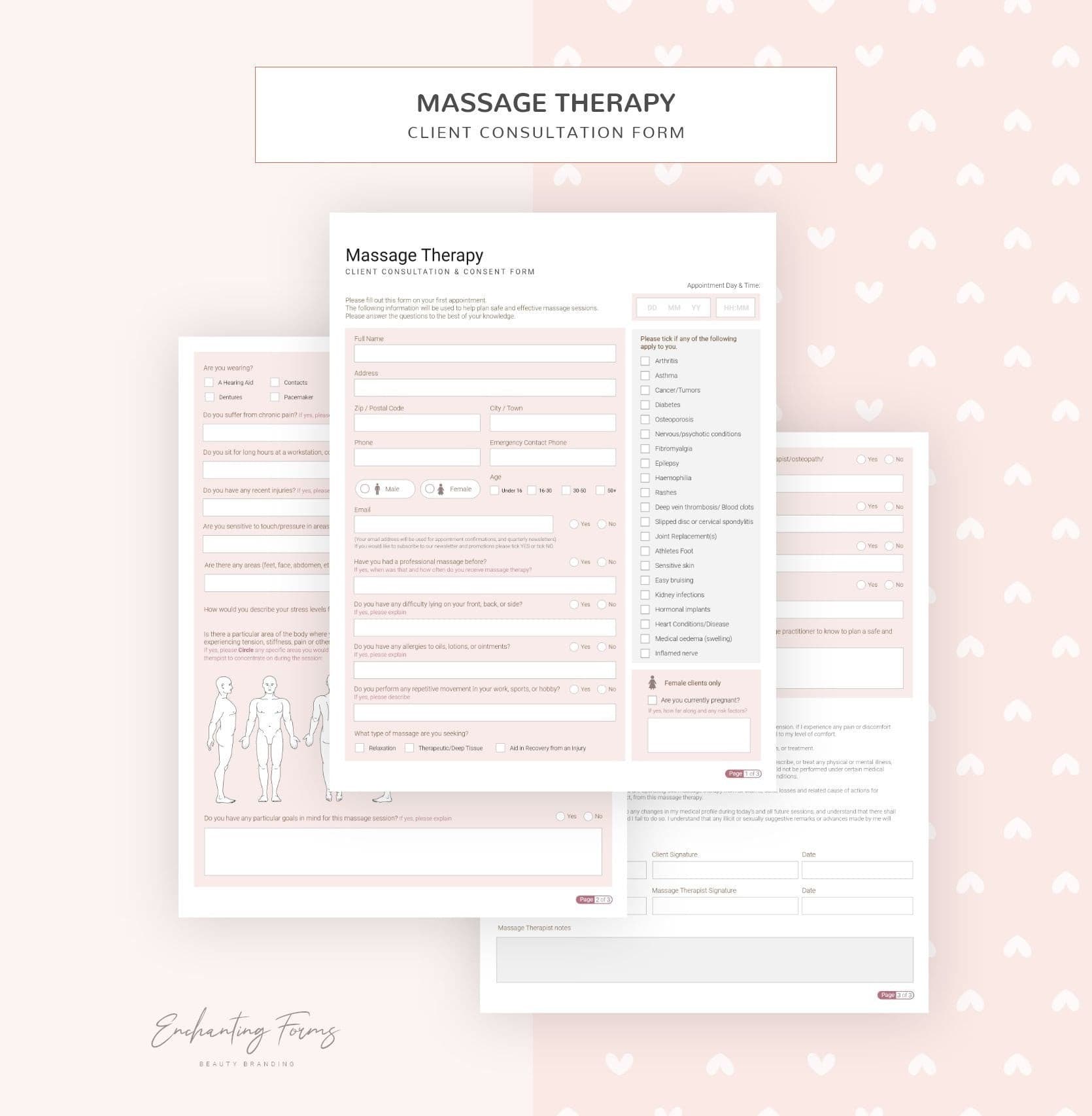 Massage therapy consultation and consent forms bundle - professional fillable PDF for massage therapists