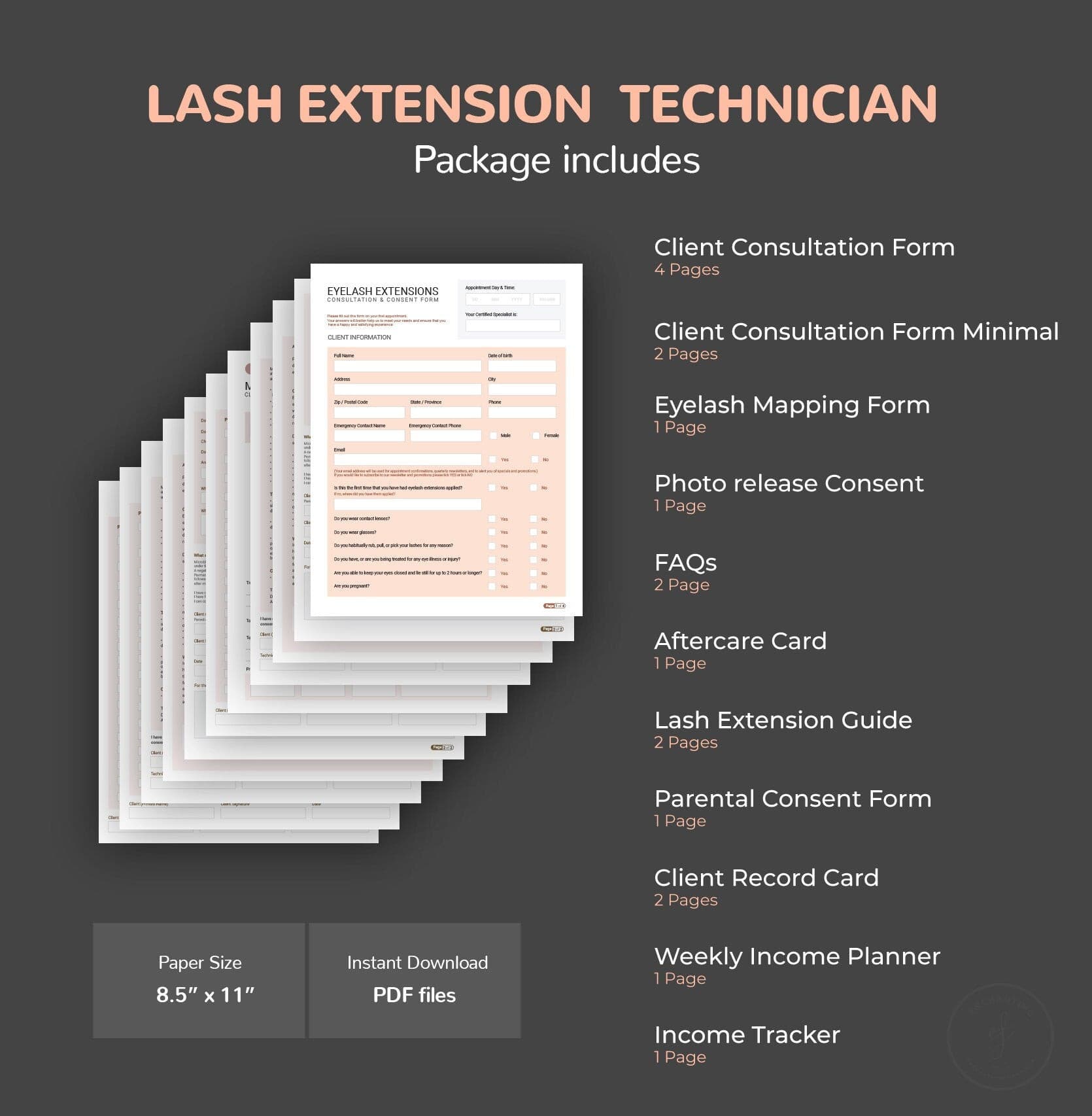 Eyelash extension consultation consent forms bundle rose gold - fillable PDF for lash technicians