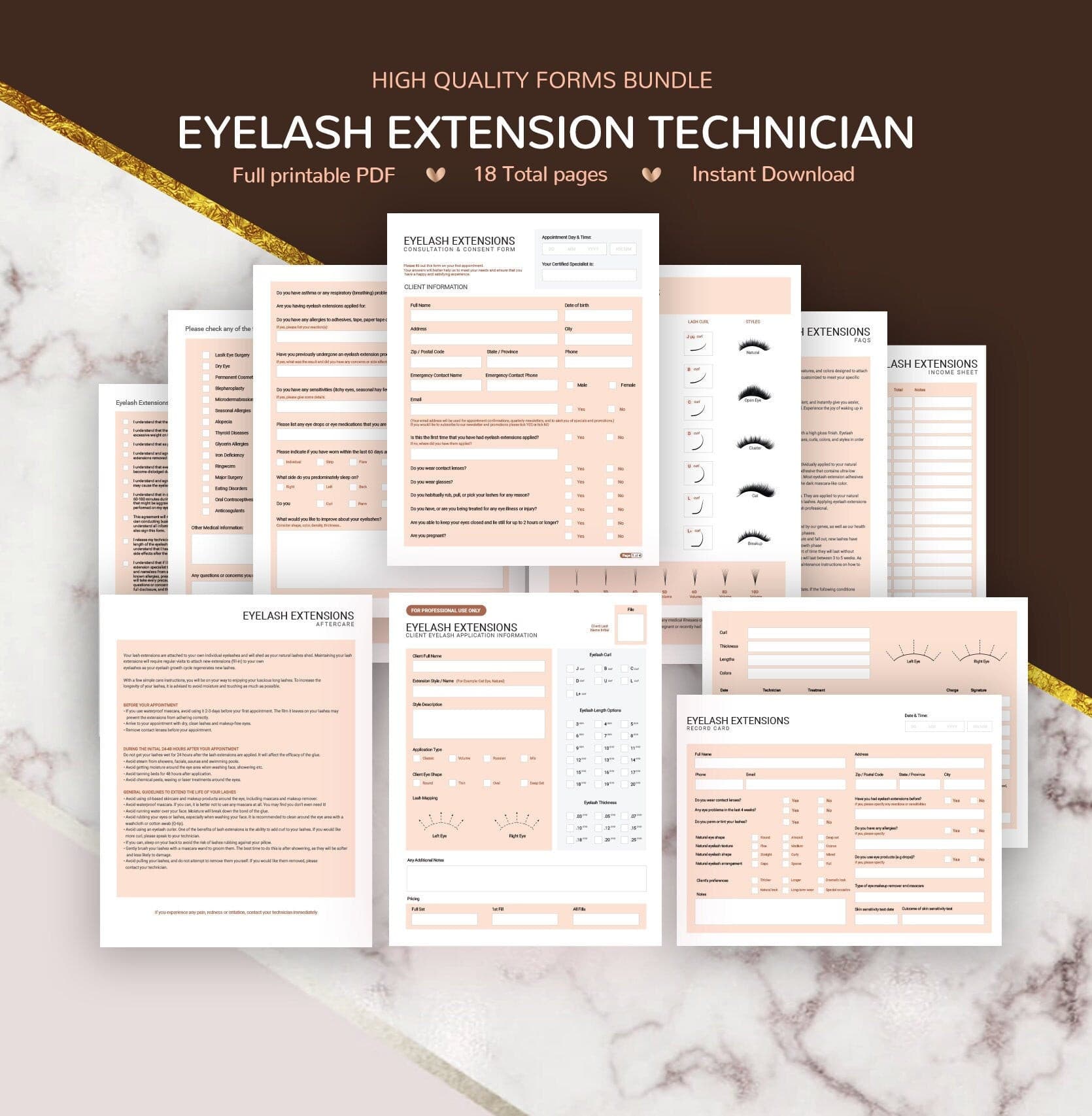 Eyelash extension consultation consent forms bundle rose gold - fillable PDF for lash technicians