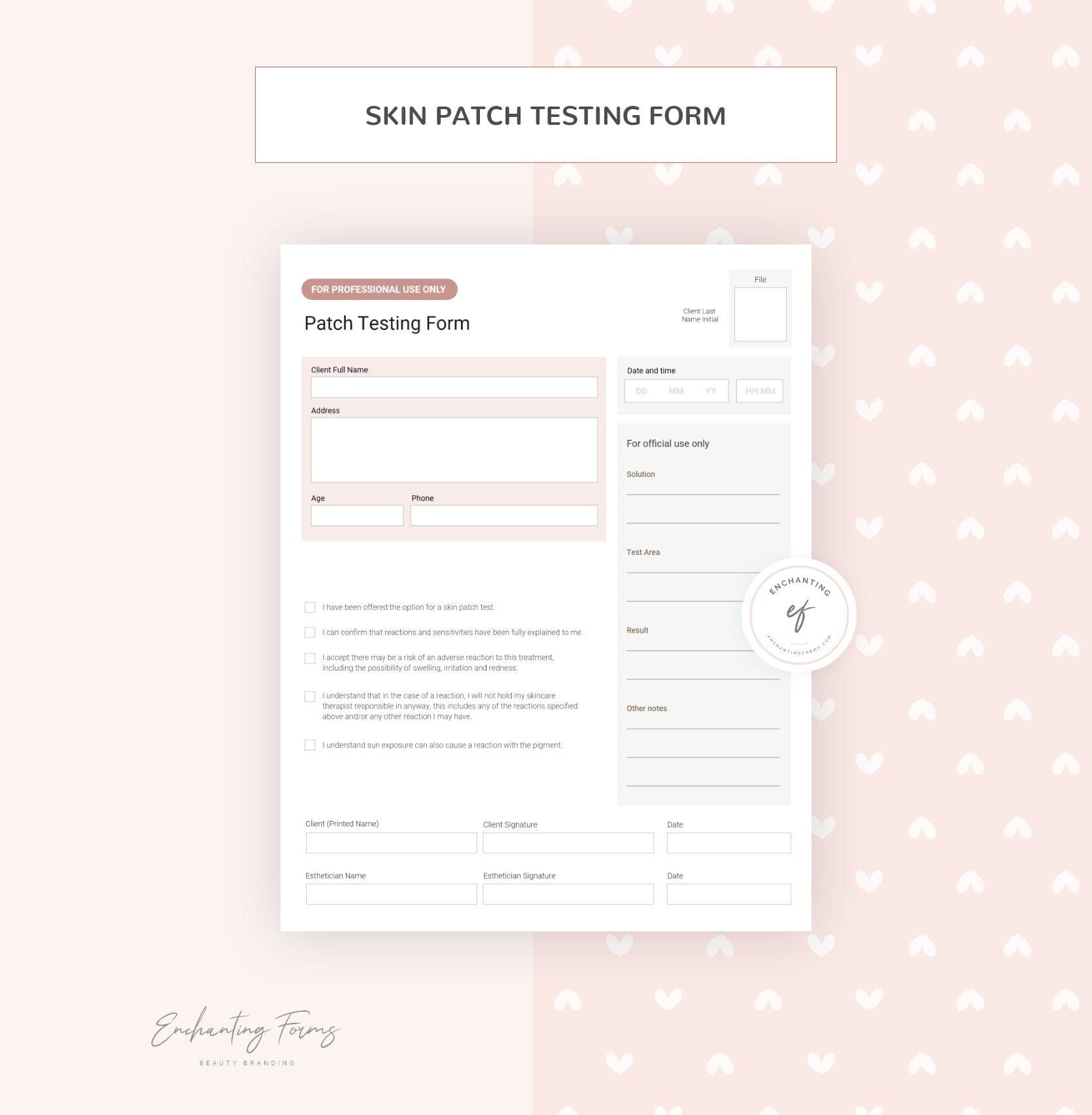 Patch testing form for estheticians - professional fillable PDF