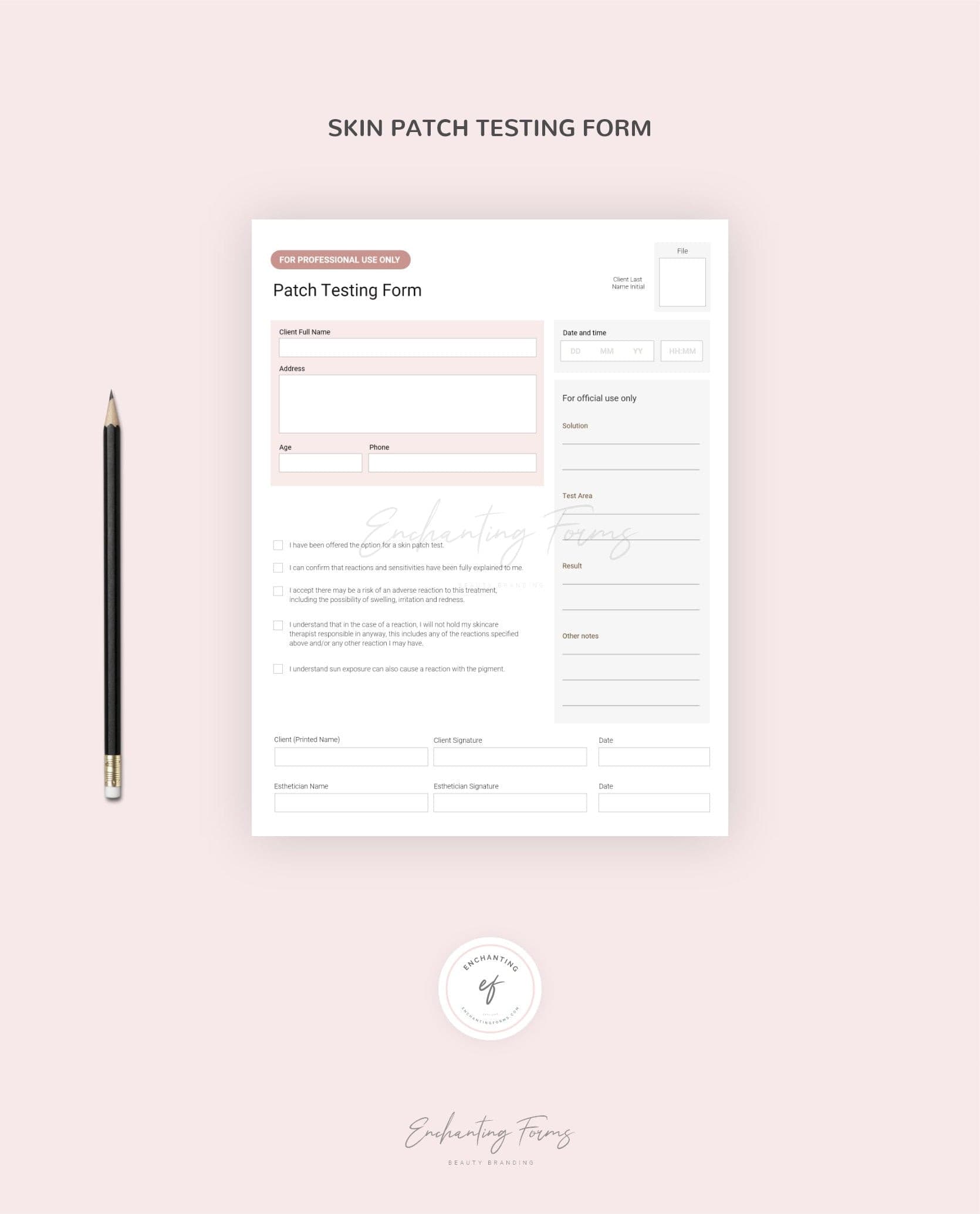 Patch testing form for estheticians - professional fillable PDF