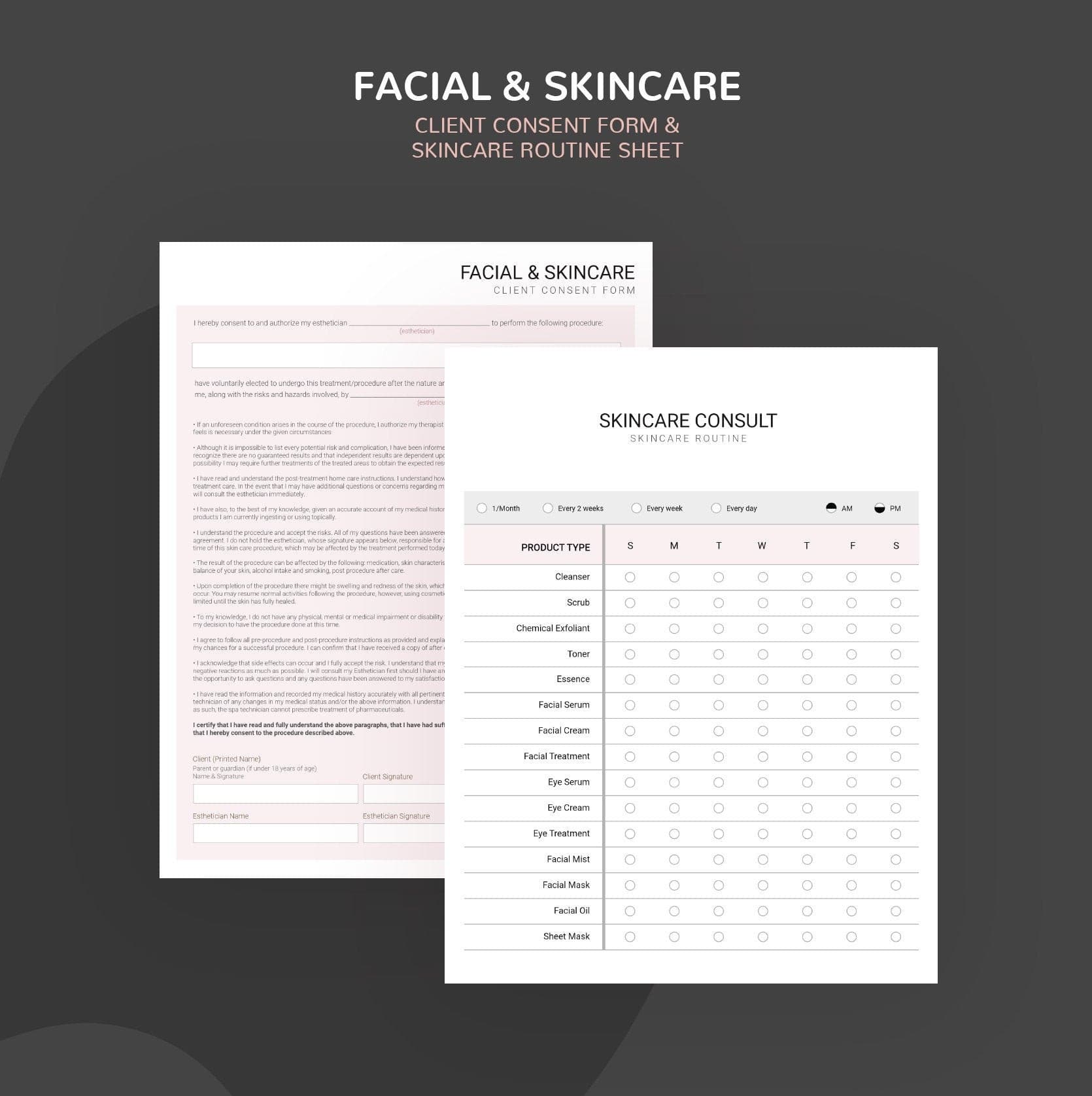 Skincare consultation and consent forms bundle - professional fillable PDF for aestheticians