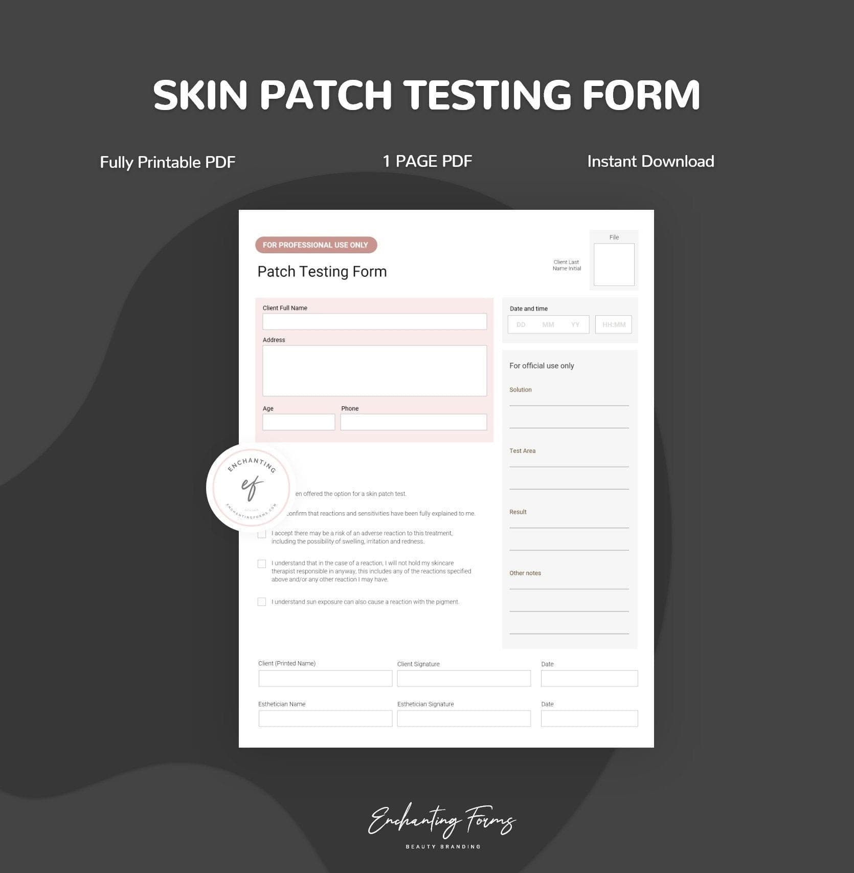 Patch testing form for estheticians - professional fillable PDF