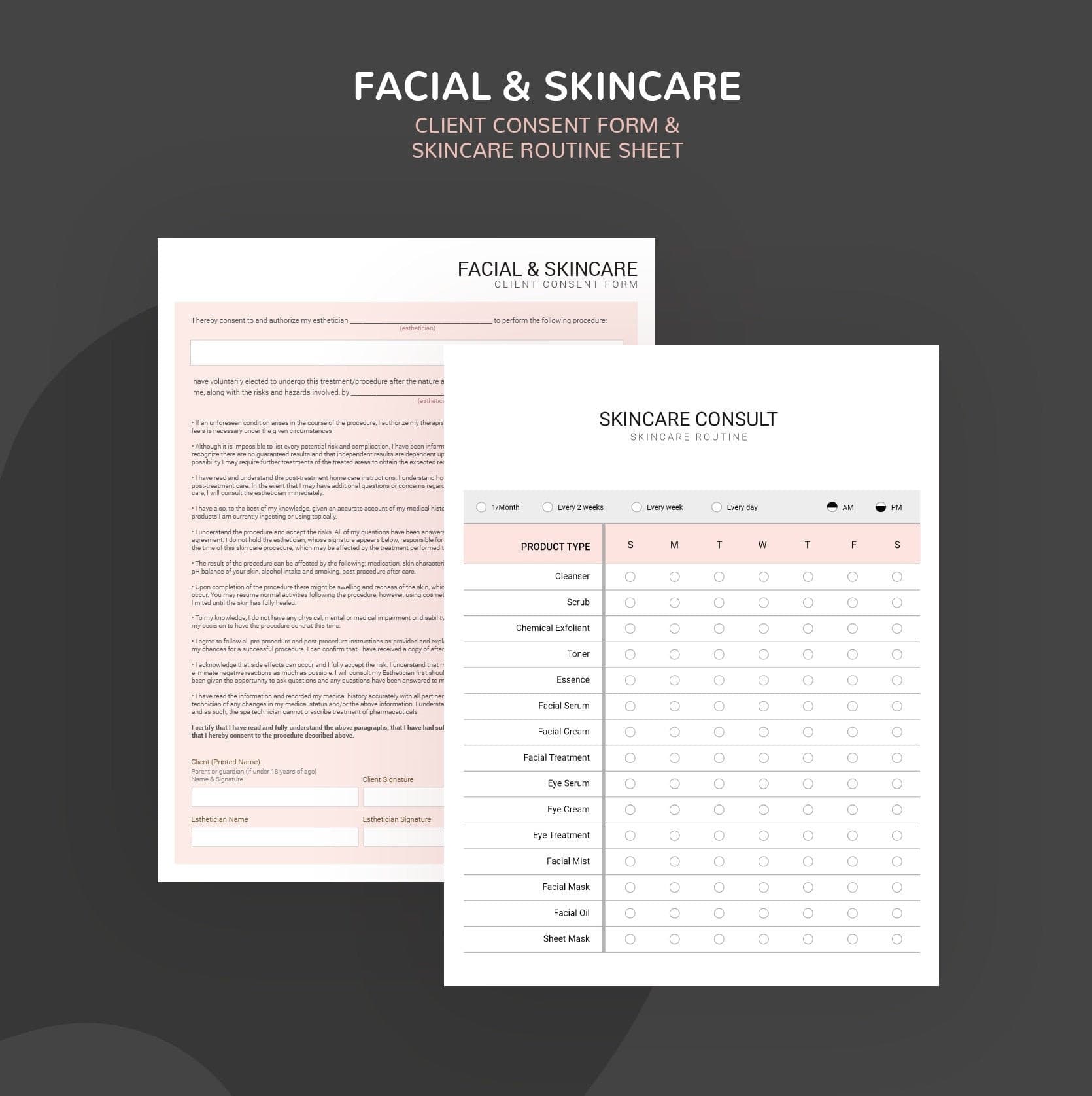 Skincare consultation forms bundle rose gold design - fillable PDF for aestheticians