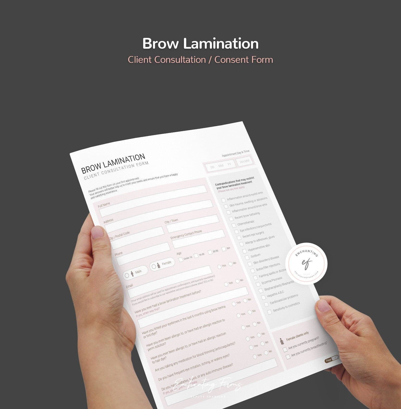 Brow lamination consultation and consent forms bundle - professional fillable PDF for brow artists