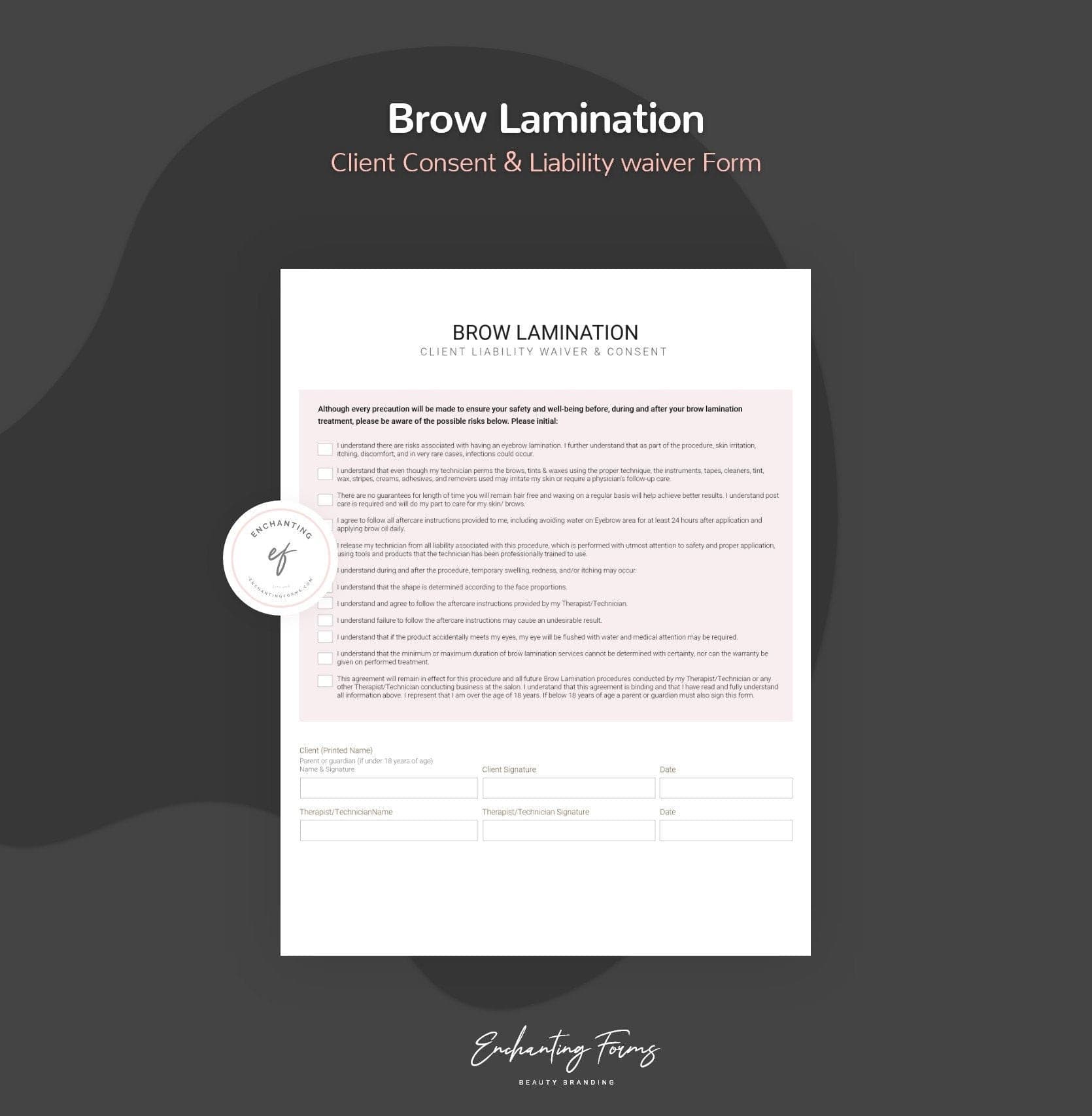 Brow lamination consultation and consent forms bundle - professional fillable PDF for brow artists