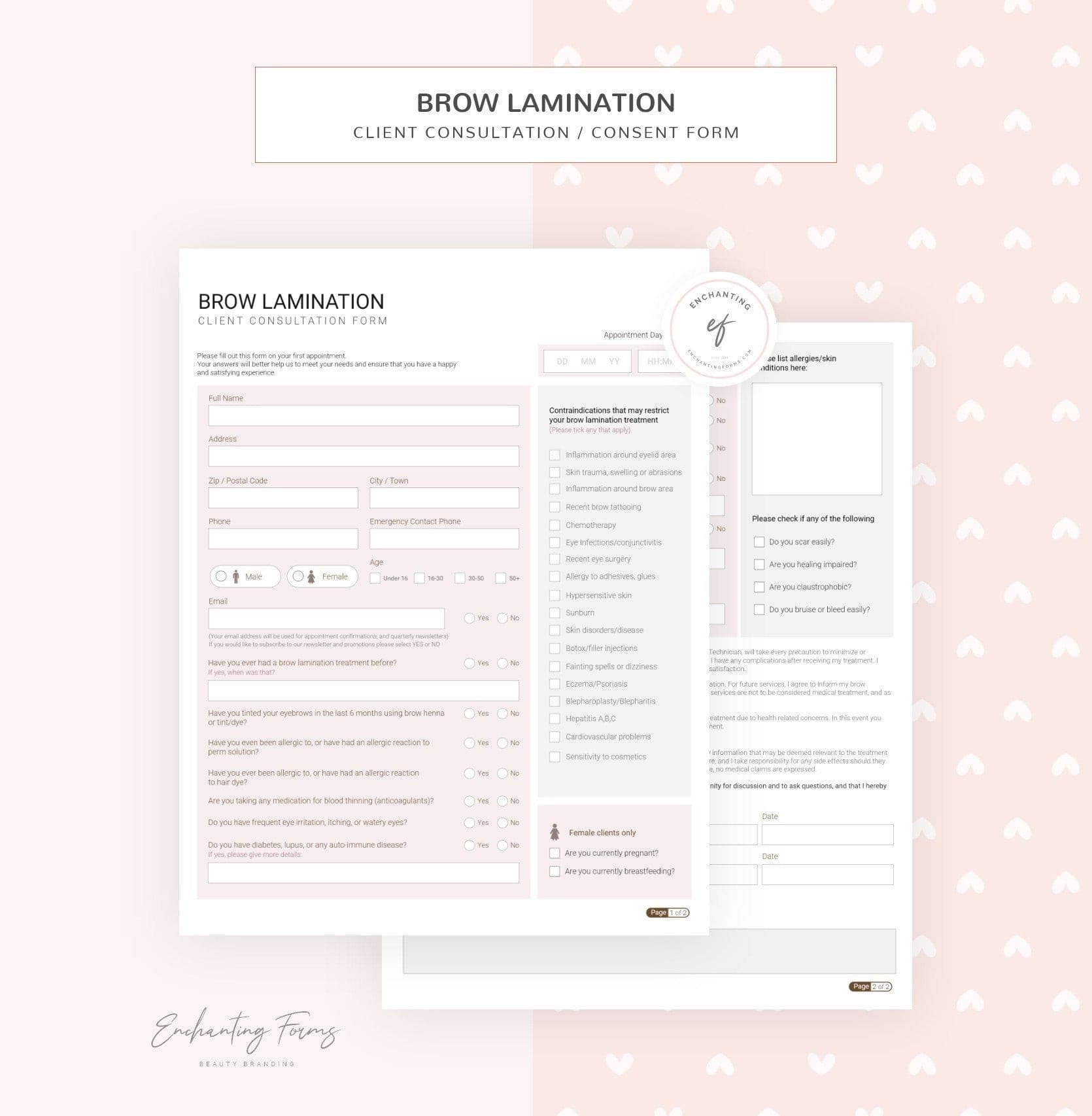 Brow lamination consultation and consent forms bundle - professional fillable PDF for brow artists
