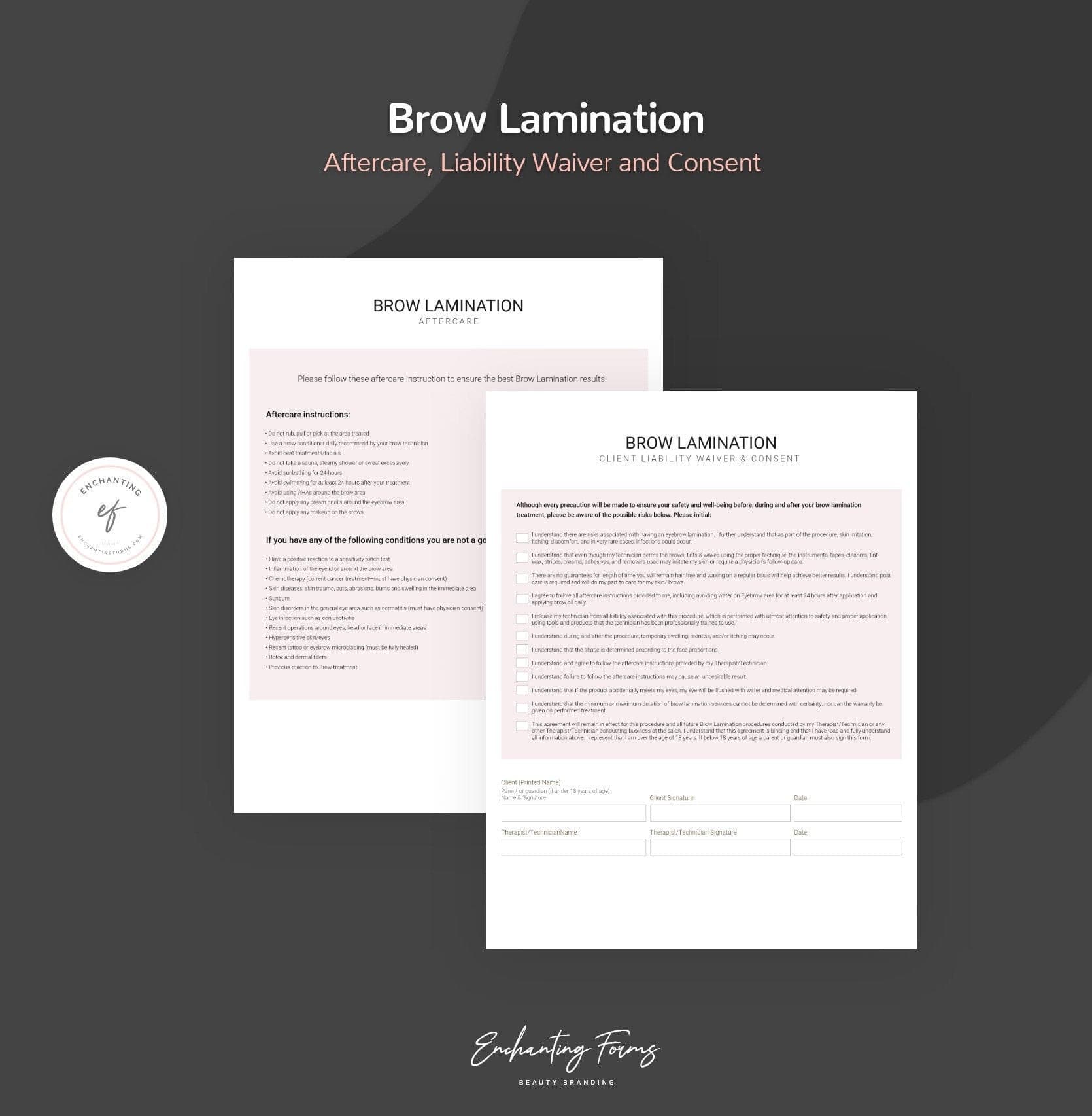 Brow lamination consultation and consent forms bundle - professional fillable PDF for brow artists