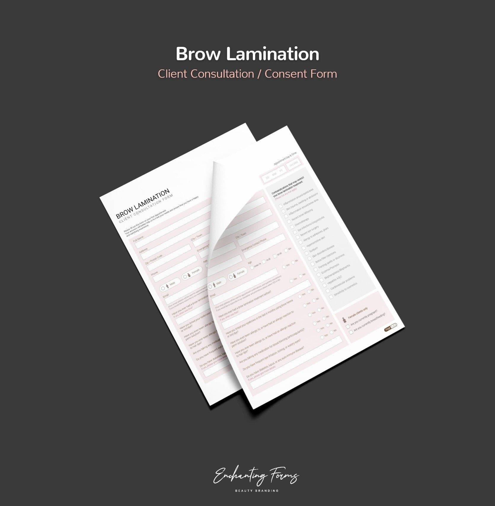 Brow lamination consultation and consent forms bundle - professional fillable PDF for brow artists