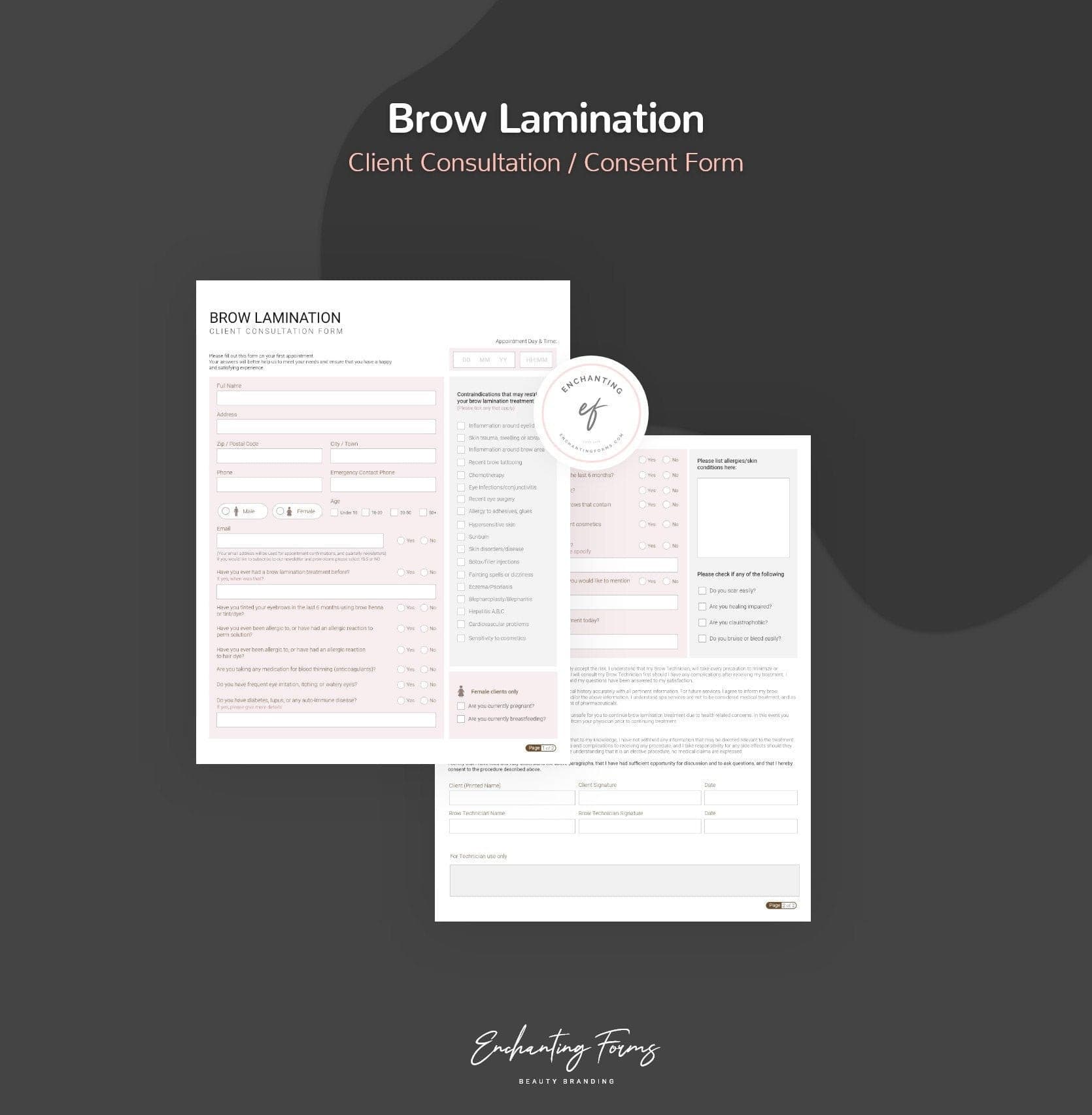 Brow lamination consultation and consent forms bundle - professional fillable PDF for brow artists