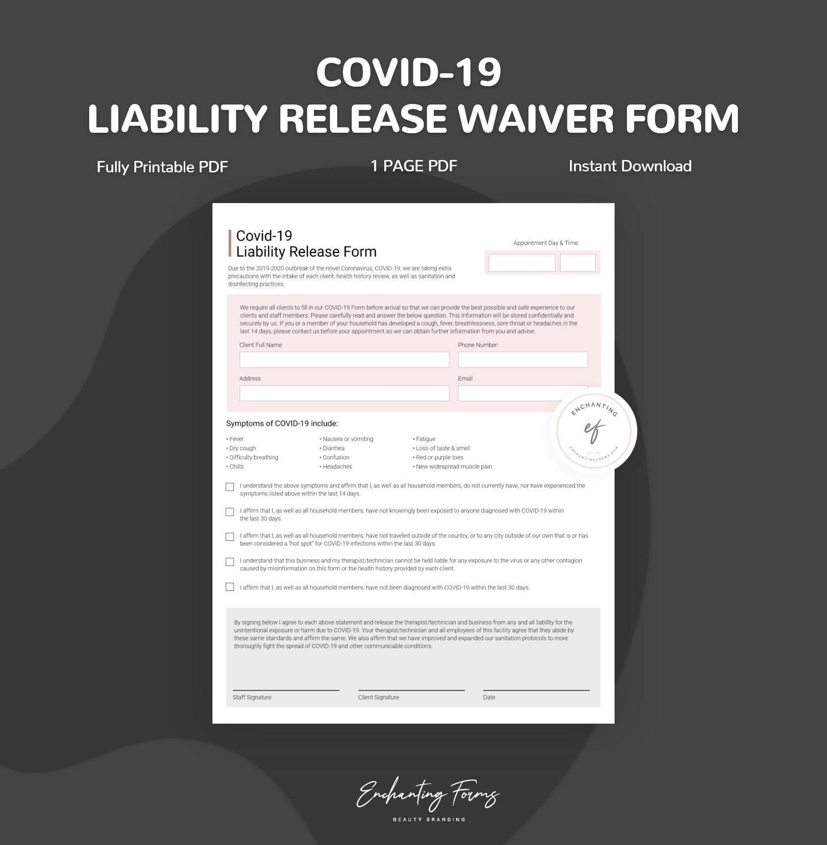 Covid-19 liability release form for beauty professionals - fillable PDF