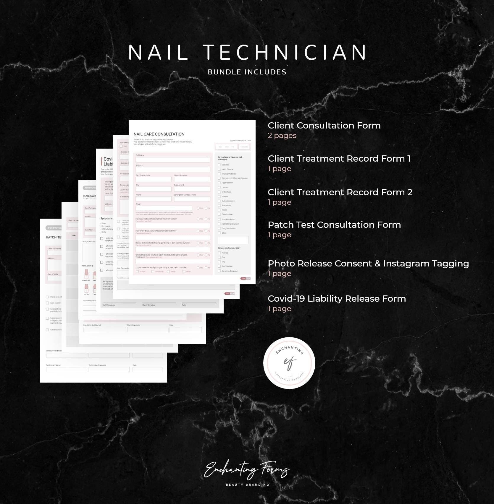 Nail technician consultation and consent forms bundle - professional fillable PDF for nail techs