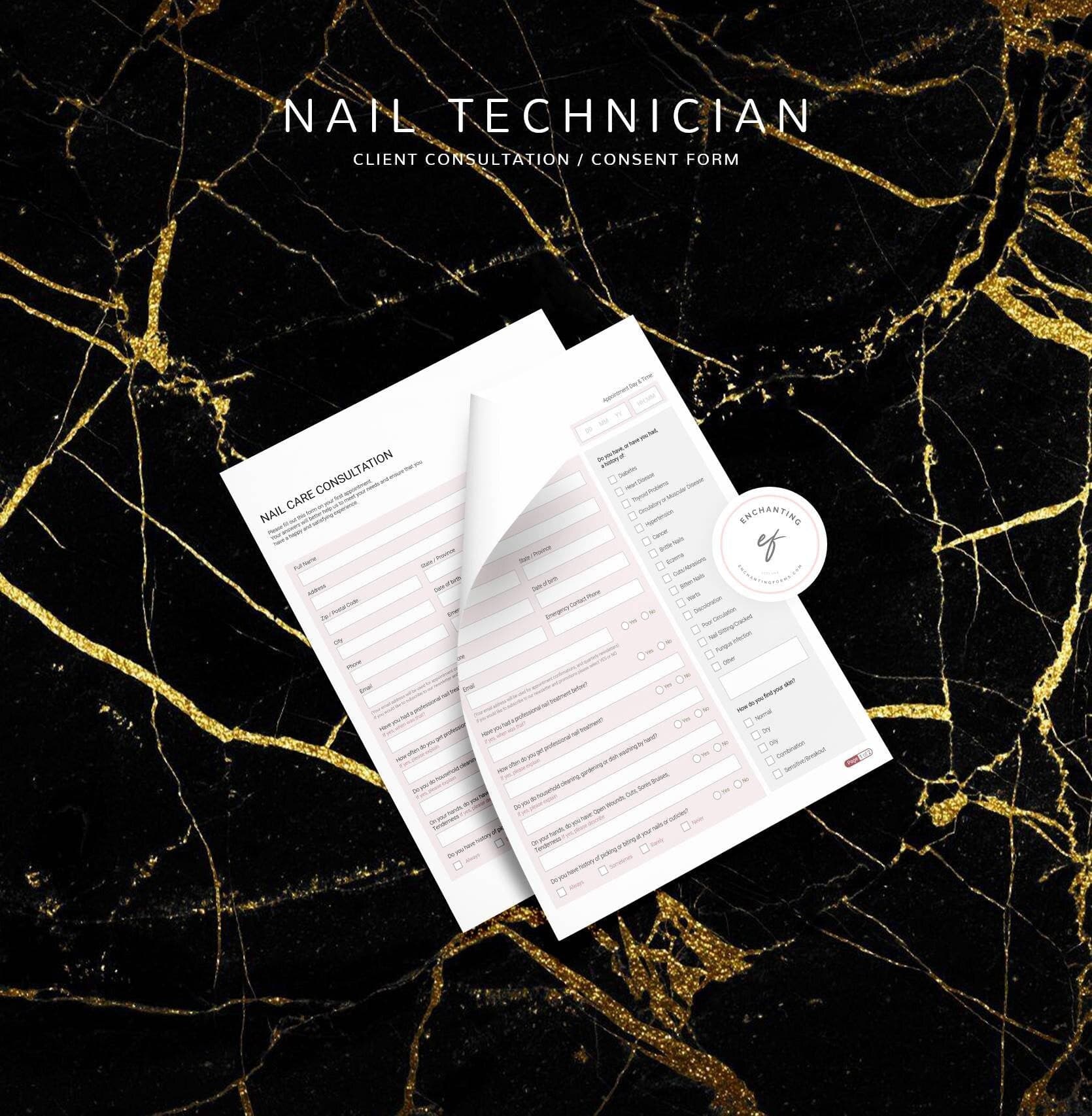 Nail technician consultation and consent forms bundle - professional fillable PDF for nail techs