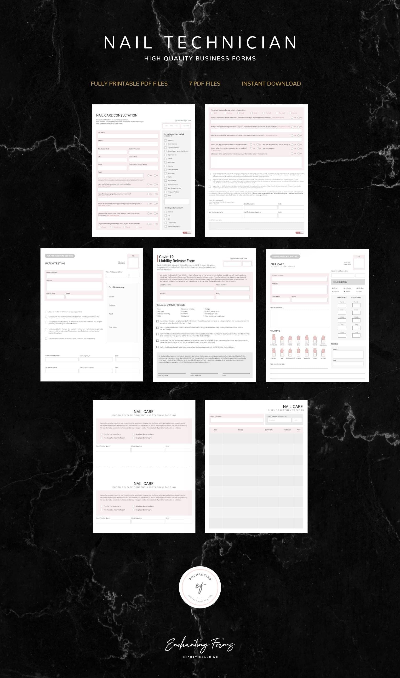 Nail technician consultation and consent forms bundle - professional fillable PDF for nail techs