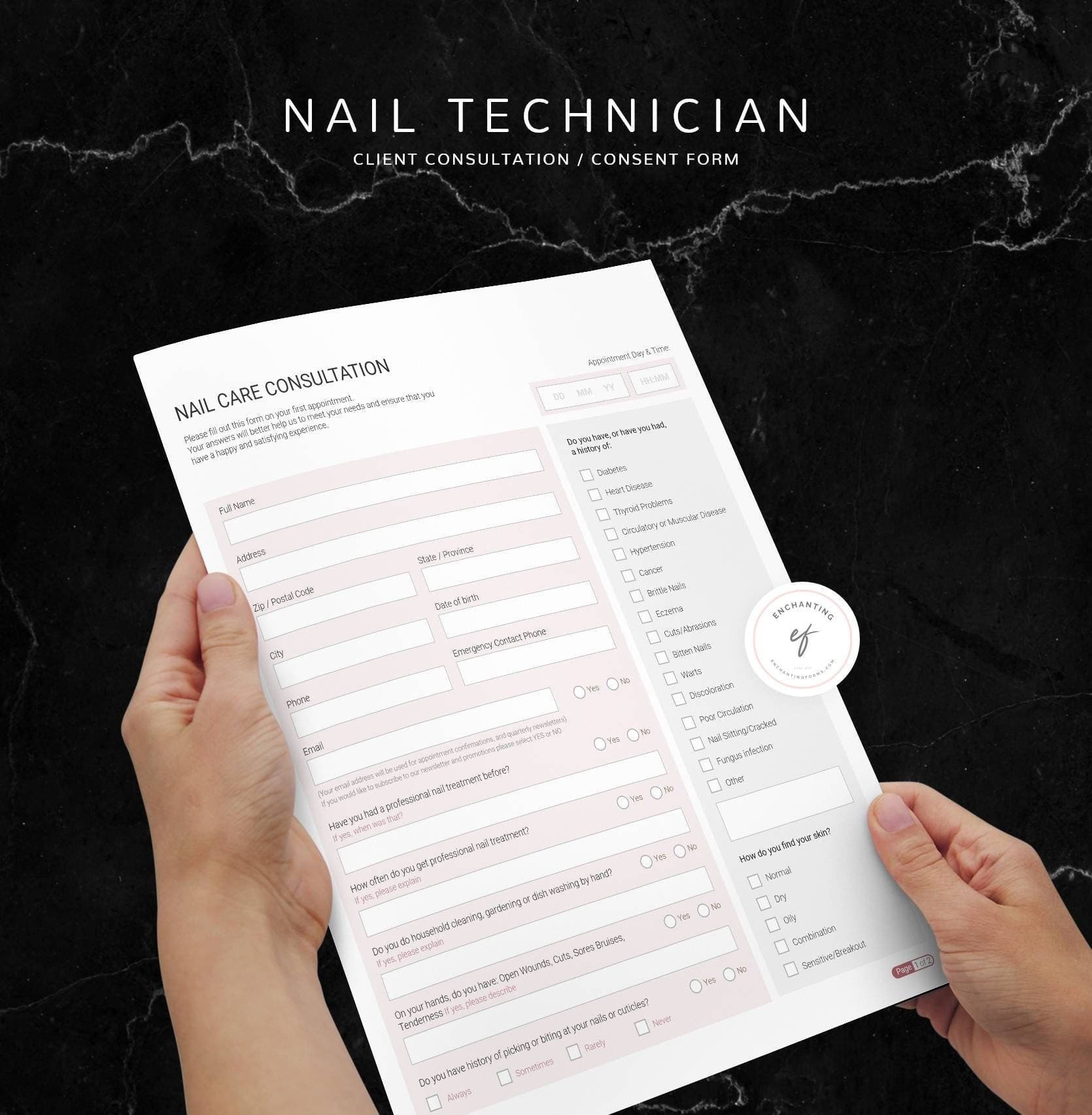 Nail technician consultation and consent forms bundle - professional fillable PDF for nail techs