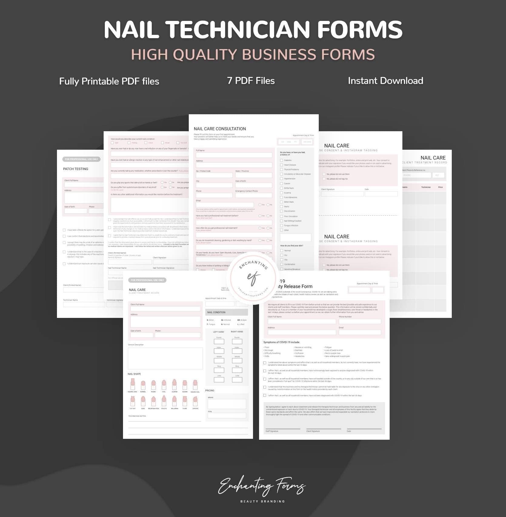 Nail technician consultation and consent forms bundle - professional fillable PDF for nail techs