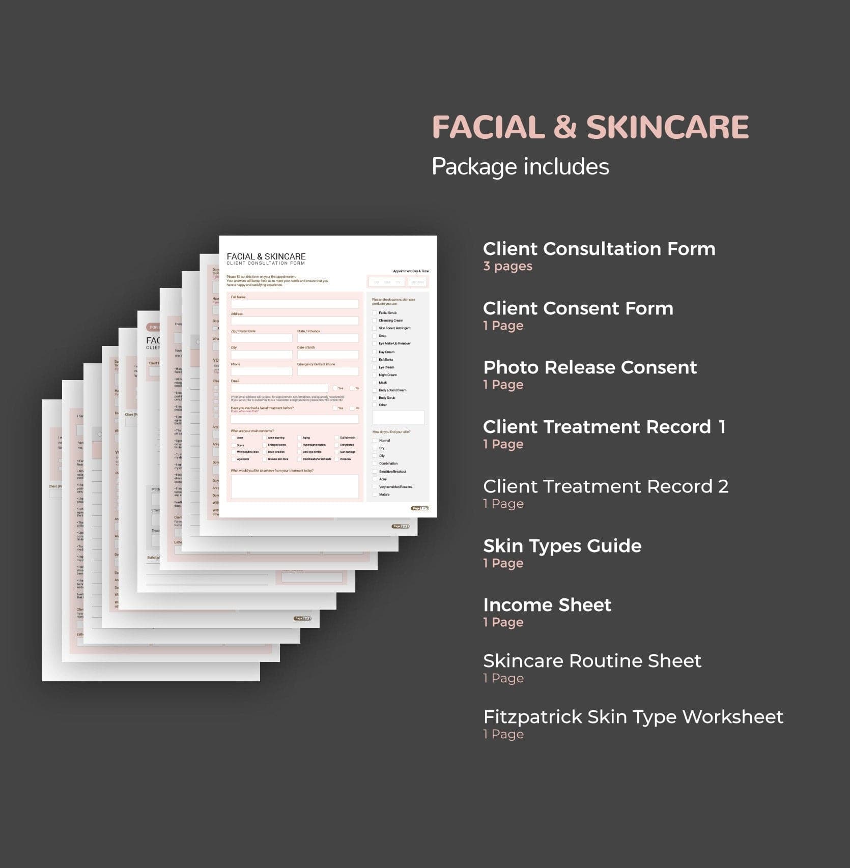 Skincare consultation forms bundle rose gold design - fillable PDF for aestheticians
