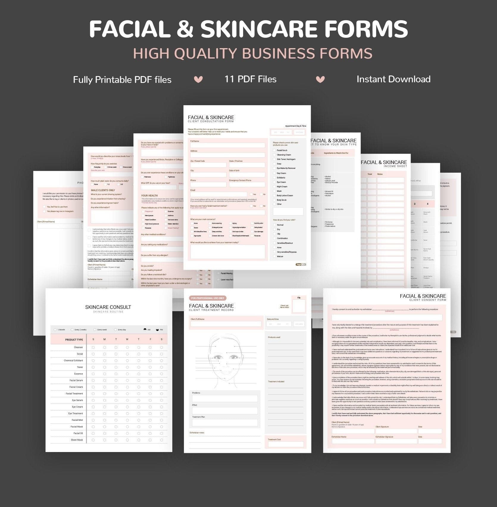 Skincare consultation forms bundle rose gold design - fillable PDF for aestheticians