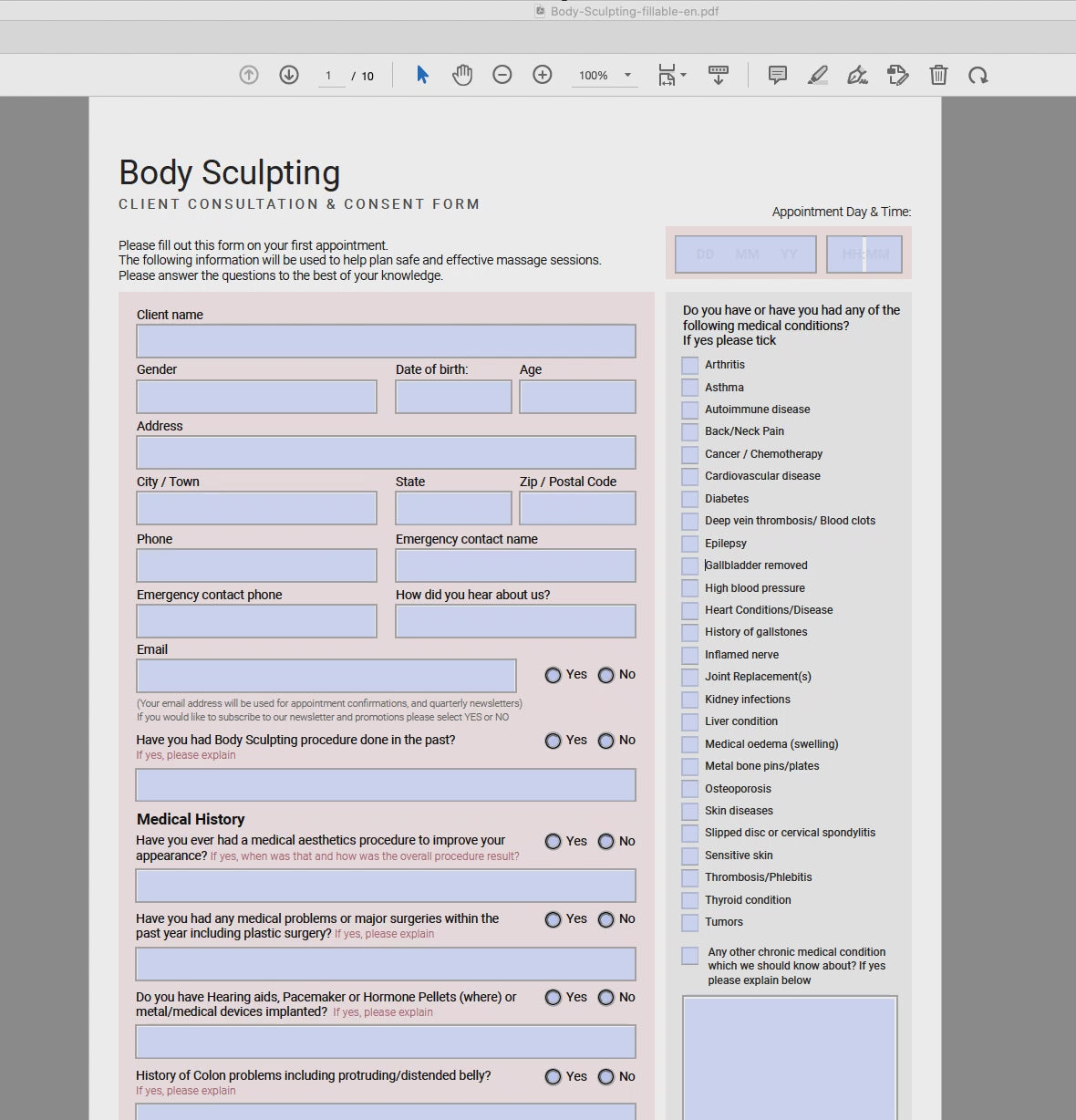 Body Sculpting Fillable forms