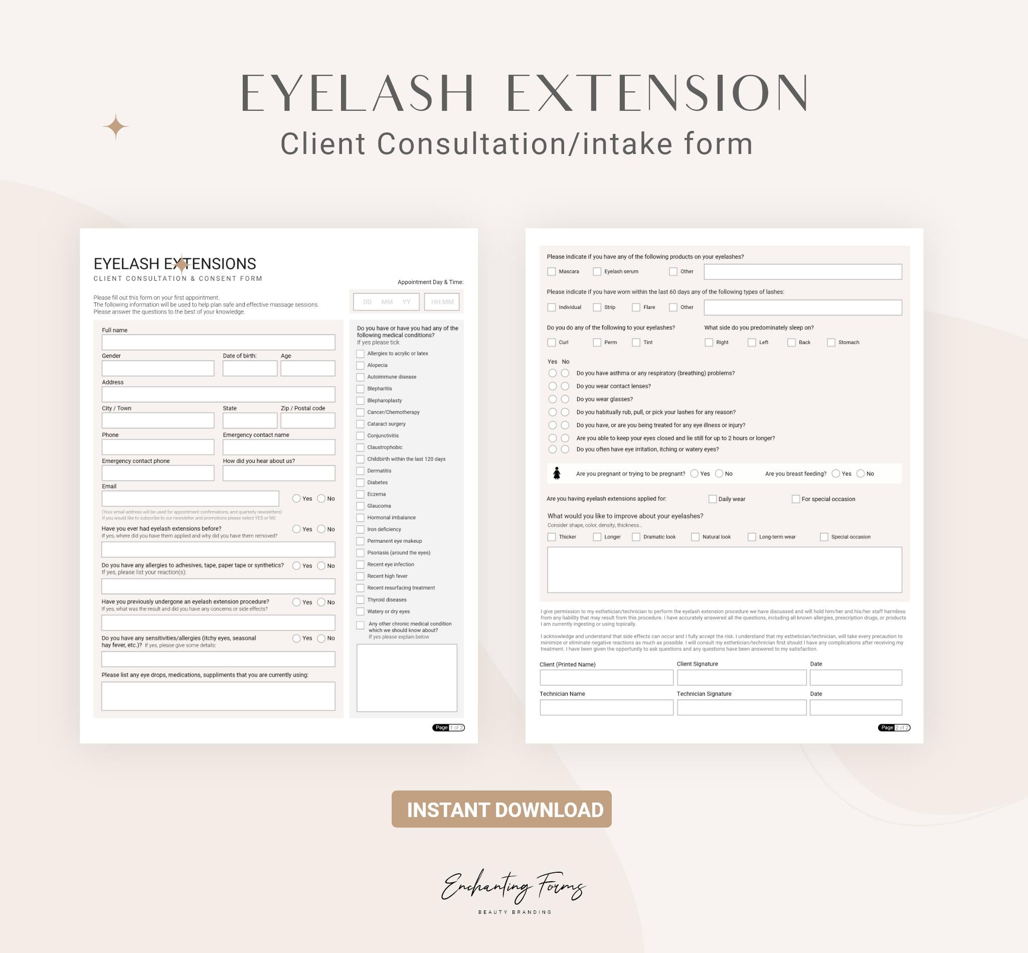 English - Eyelash Extension Consultation & Consent Forms Bundle (Champagne)
