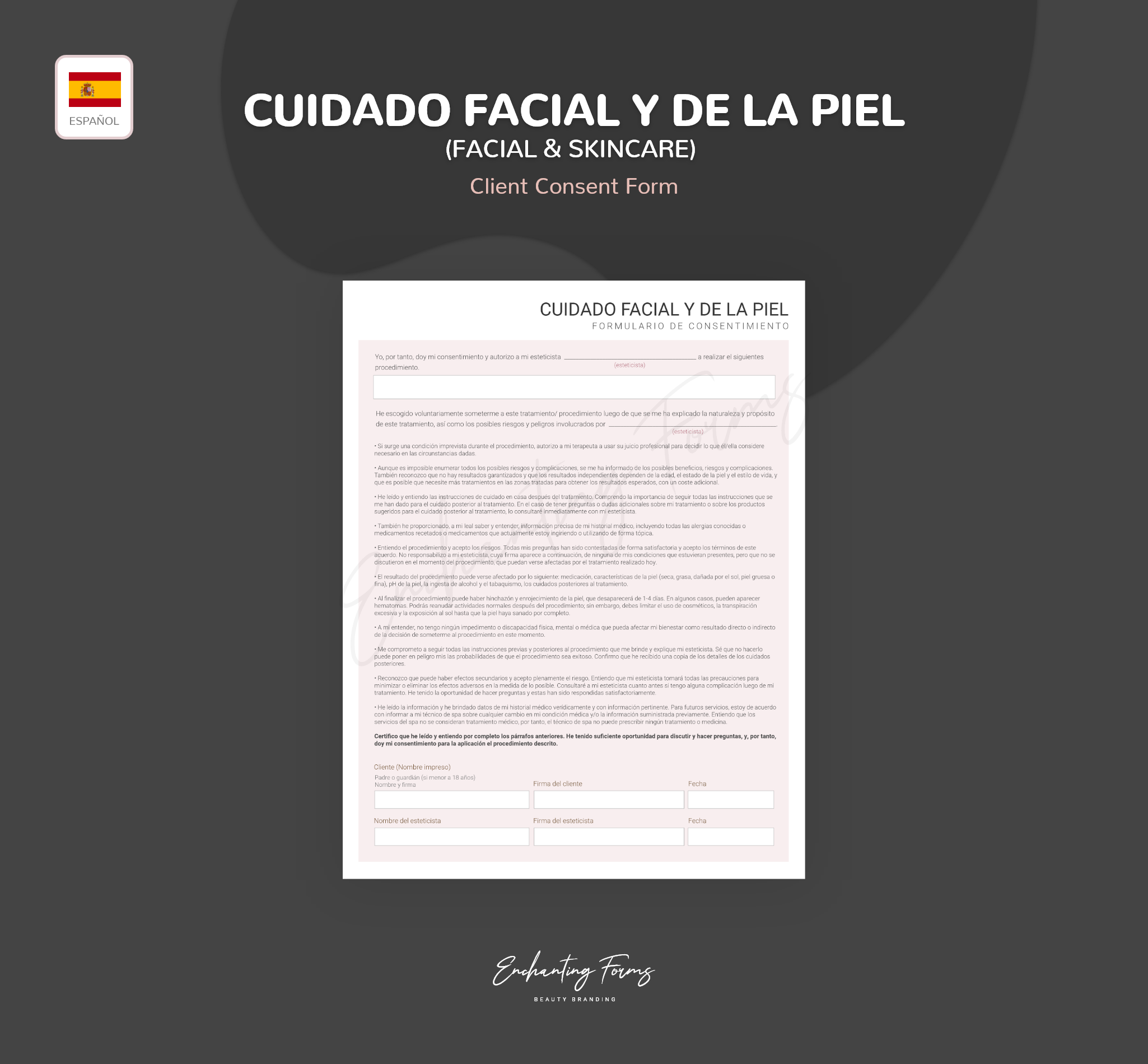 SPANISH (ESPAÑOL) - Facial Skincare Consultation & Consent Forms Bundle -  (Blush Pink)