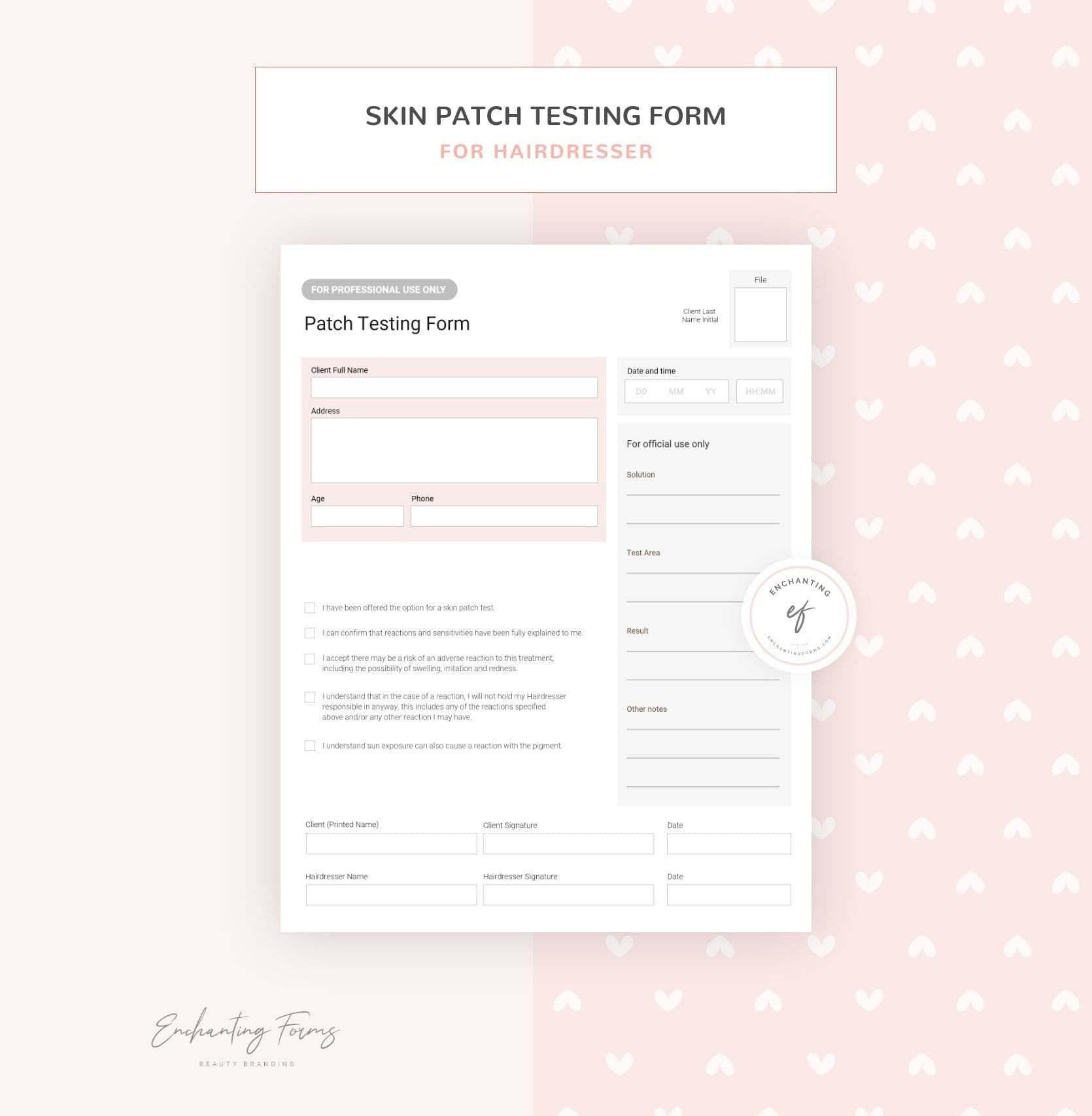 Patch Testing Form for Hairdressers